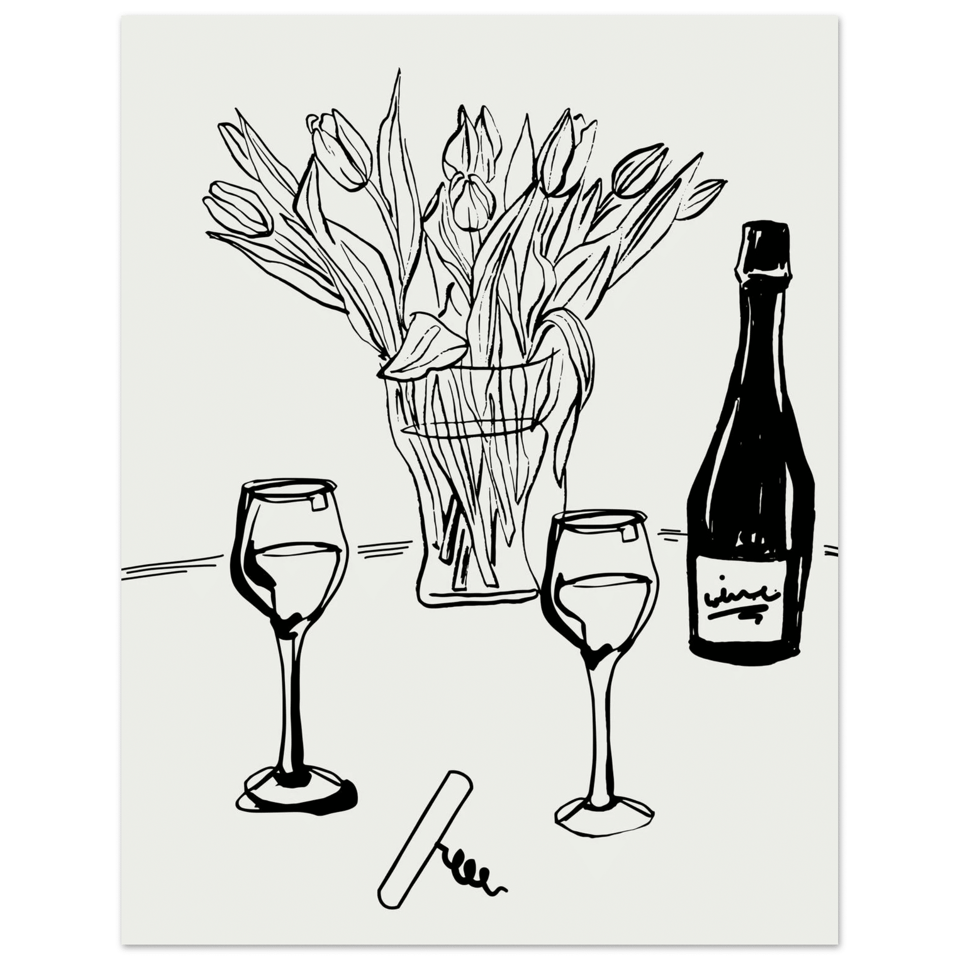 Wine & Tulips Print | Black Line Art Wine Bottle Wall Art | Minimalist Kitchen Poster - Evergreen Posters