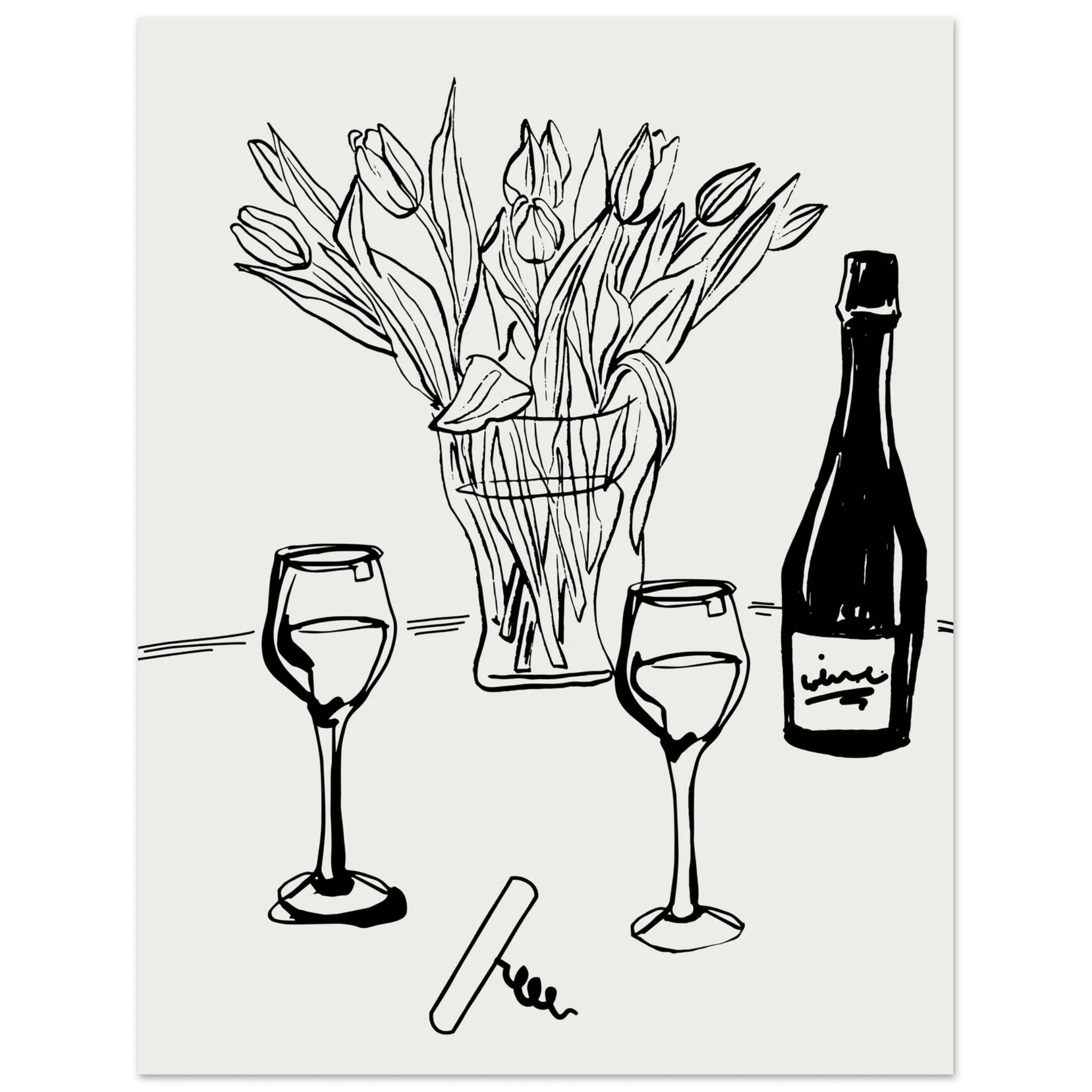 Wine & Tulips Print | Black Line Art Wine Bottle Wall Art | Minimalist Kitchen Poster - Evergreen Posters