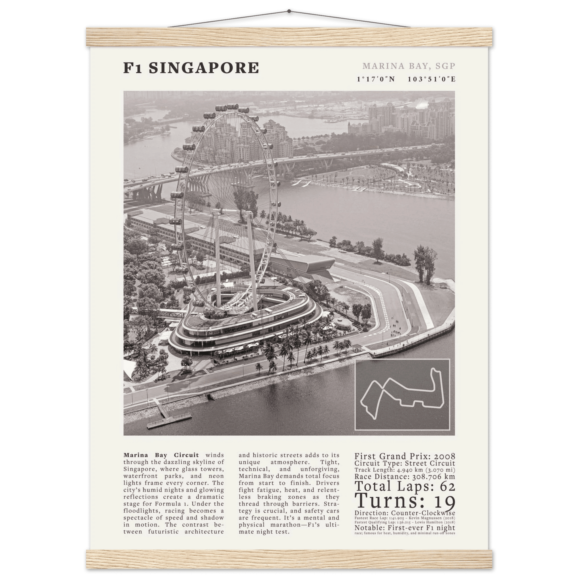 F1 Singapore Poster Black and White – Vintage Marina Bay Night Race Print (Digital & Printed Options) - Evergreen Posters