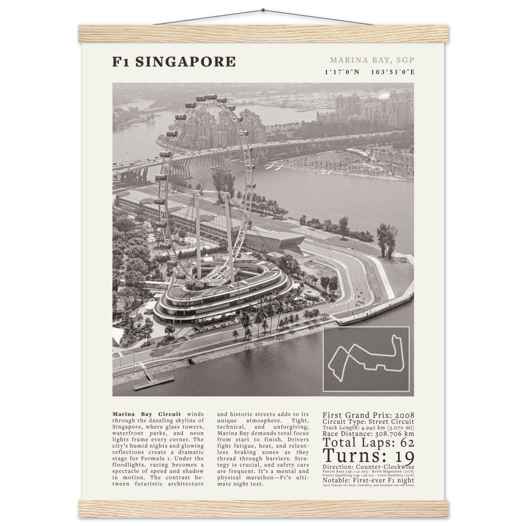 F1 Singapore Poster Black and White – Vintage Marina Bay Night Race Print (Digital & Printed Options) - Evergreen Posters