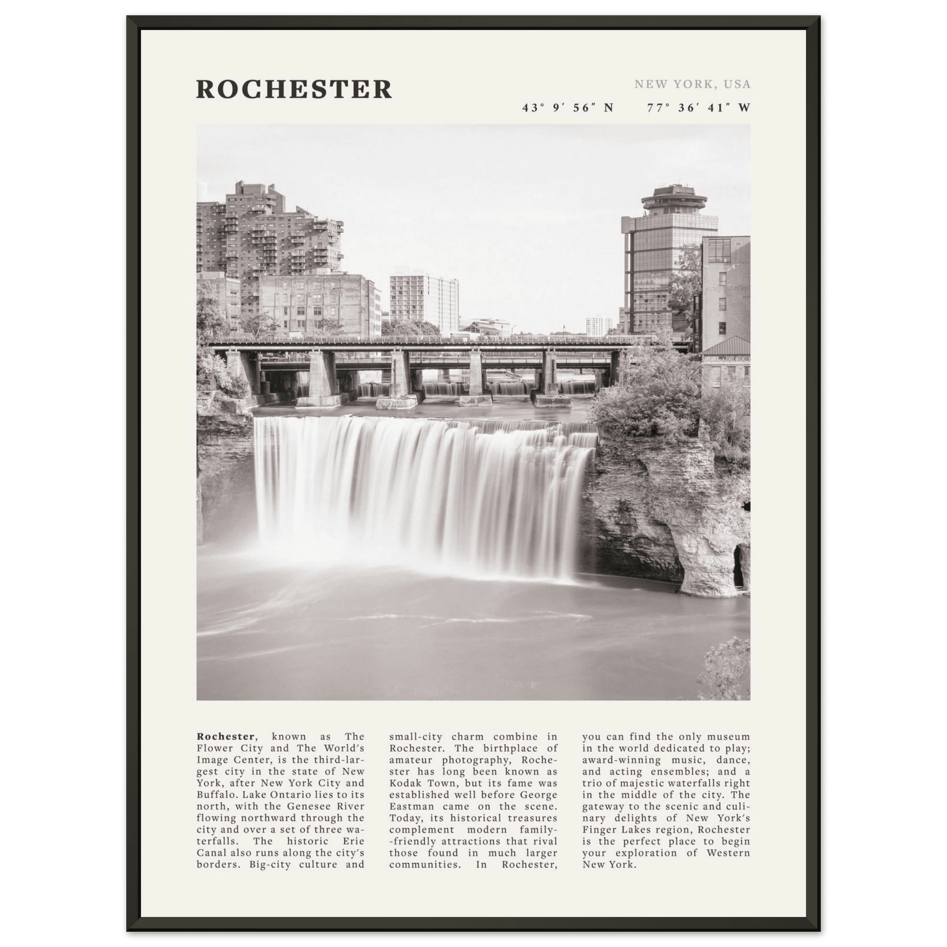 Rochester Poster | Black & White High Falls Wall Art | New York Travel Print - Evergreen Posters