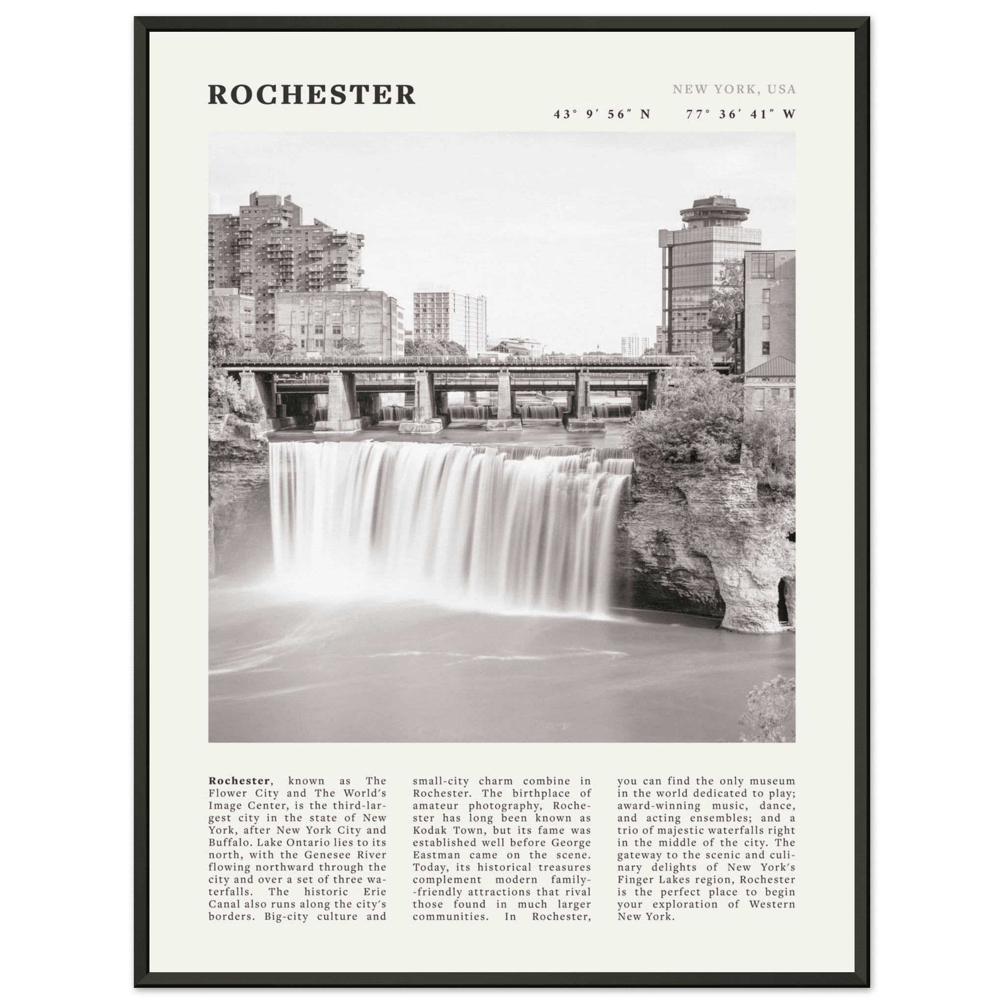 Rochester Poster | Black & White High Falls Wall Art | New York Travel Print - Evergreen Posters