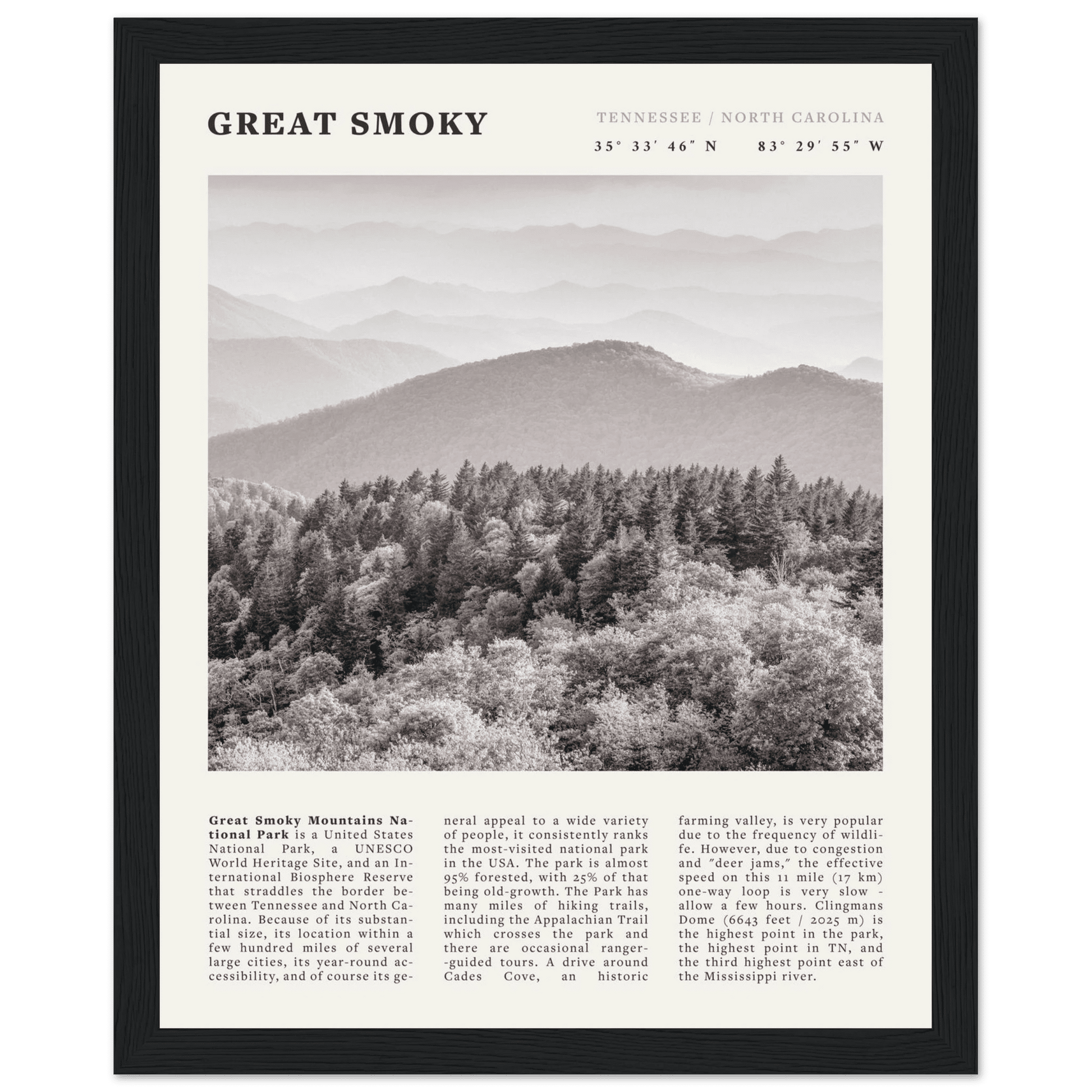 Great Smoky Mountains Poster | Black & White National Park Wall Art | Tennessee Print - Evergreen Posters