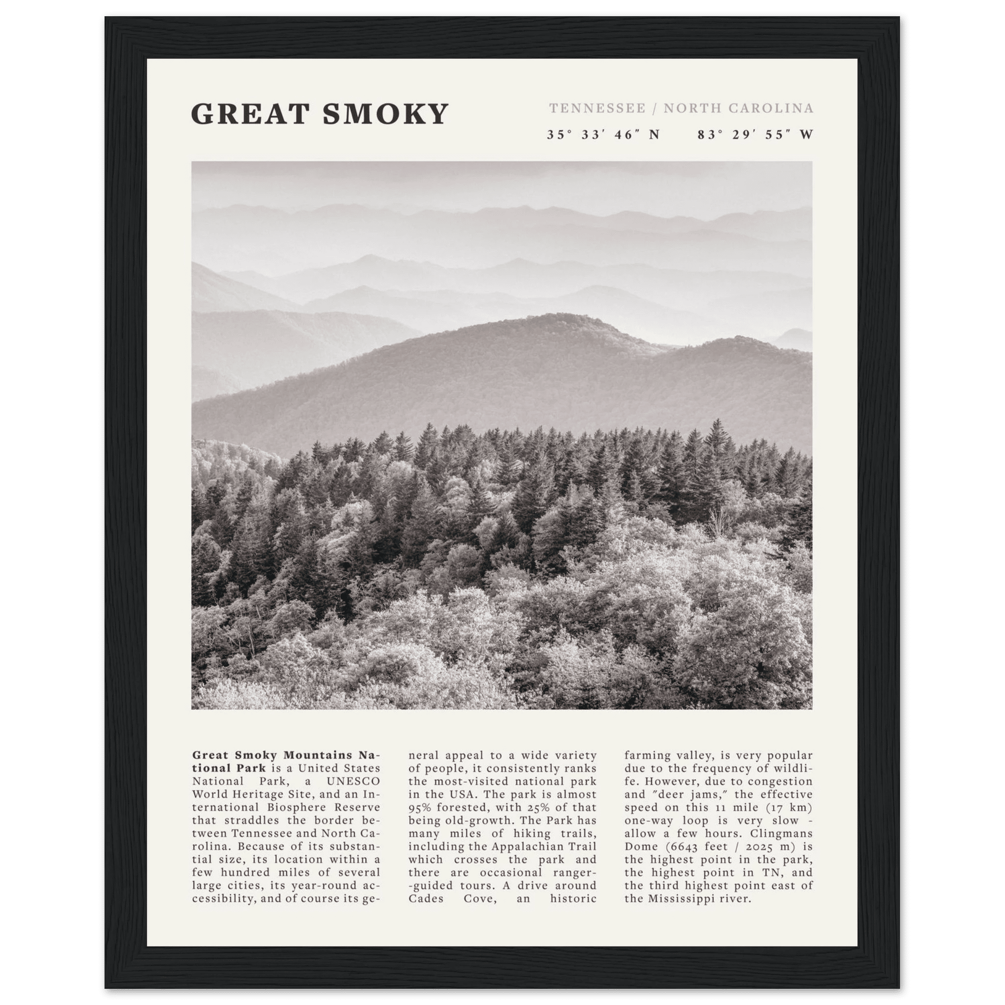 Great Smoky Mountains Poster | Black & White National Park Wall Art | Tennessee Print - Evergreen Posters