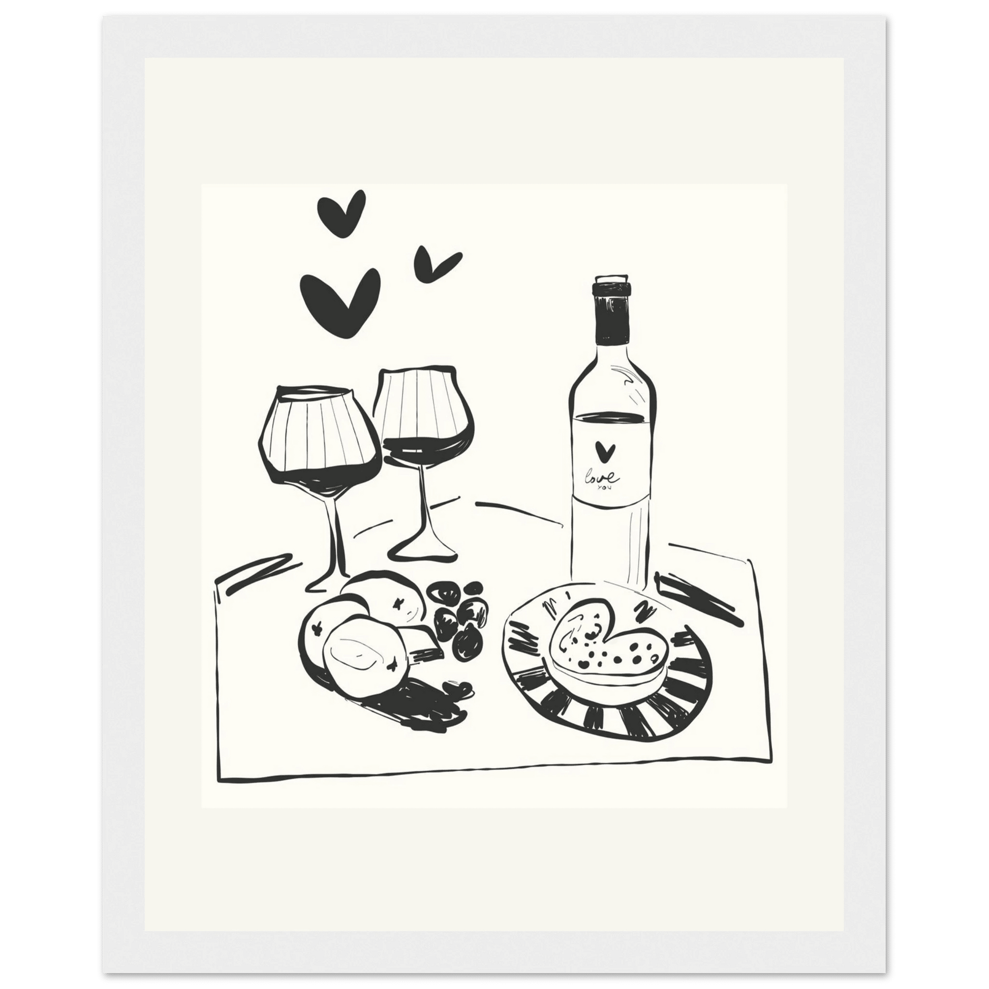 Wine for Two Print | Black Line Art Romantic Kitchen Wall Art | Couples Poster - Evergreen Posters