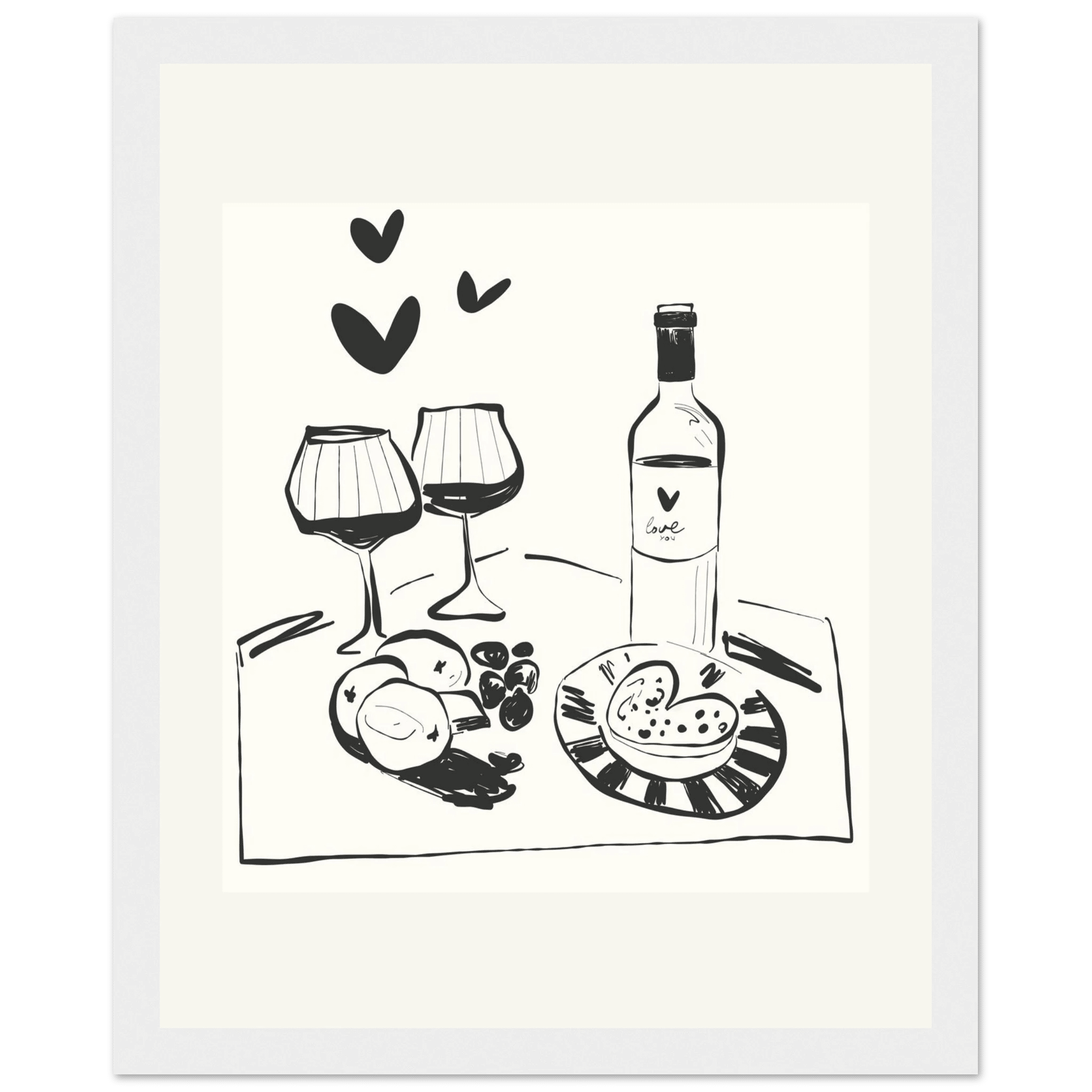 Wine for Two Print | Black Line Art Romantic Kitchen Wall Art | Couples Poster - Evergreen Posters
