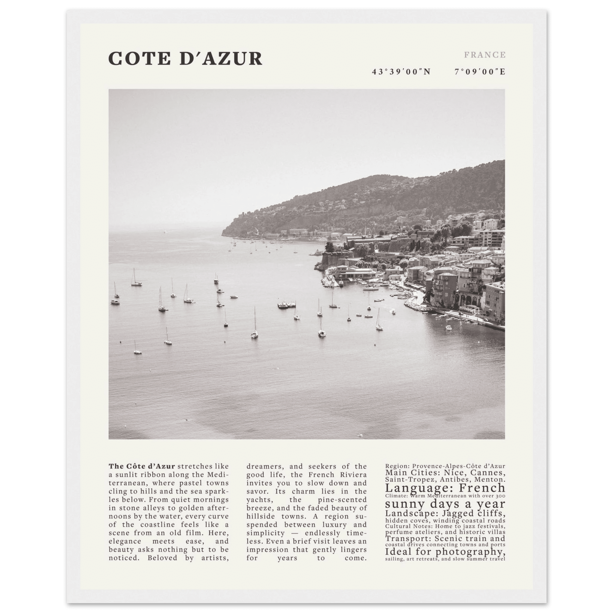 Côte d'Azur Poster Black and White – Vintage French Riviera Coast Print (Digital & Printed Options) - Evergreen Posters
