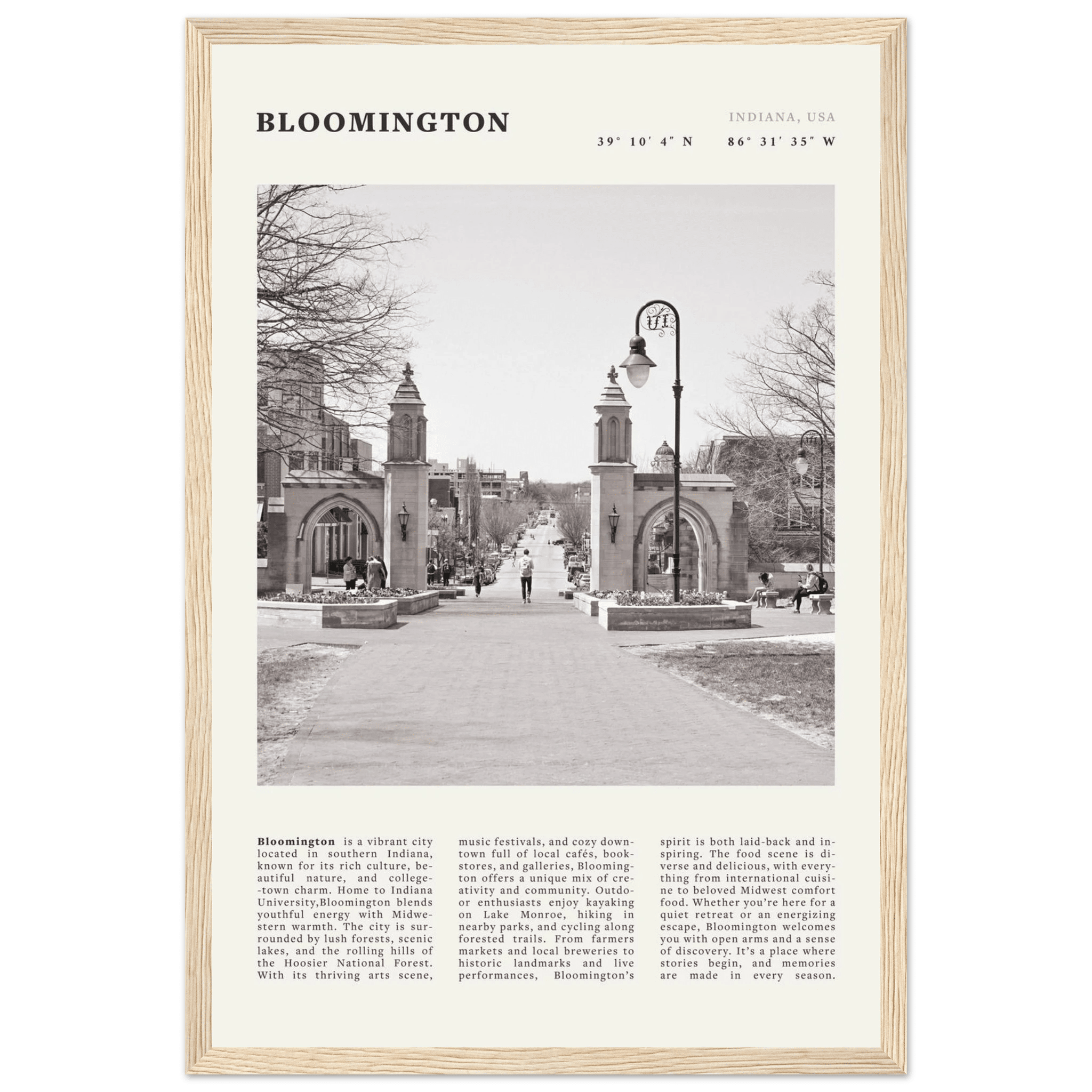 Bloomington Indiana Black and White Vintage Poster - Evergreen Posters