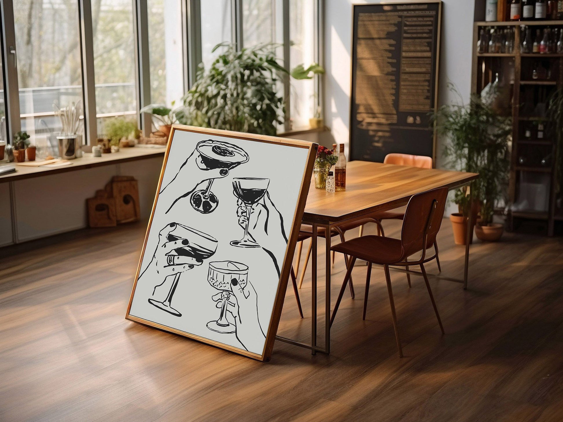 Cheers Print | Black Line Art Cocktail Glasses Wall Art | Kitchen Bar Poster - Evergreen Posters
