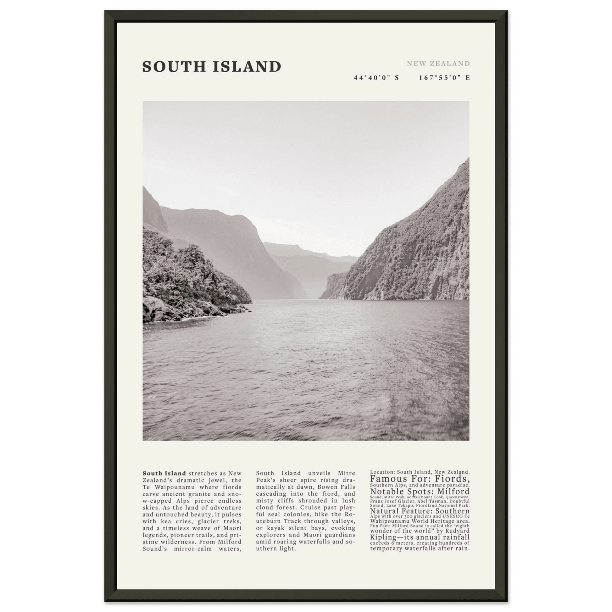 South Island New Zealand Poster Black and White – Vintage Milford Sound Fjord Print - Evergreen Posters