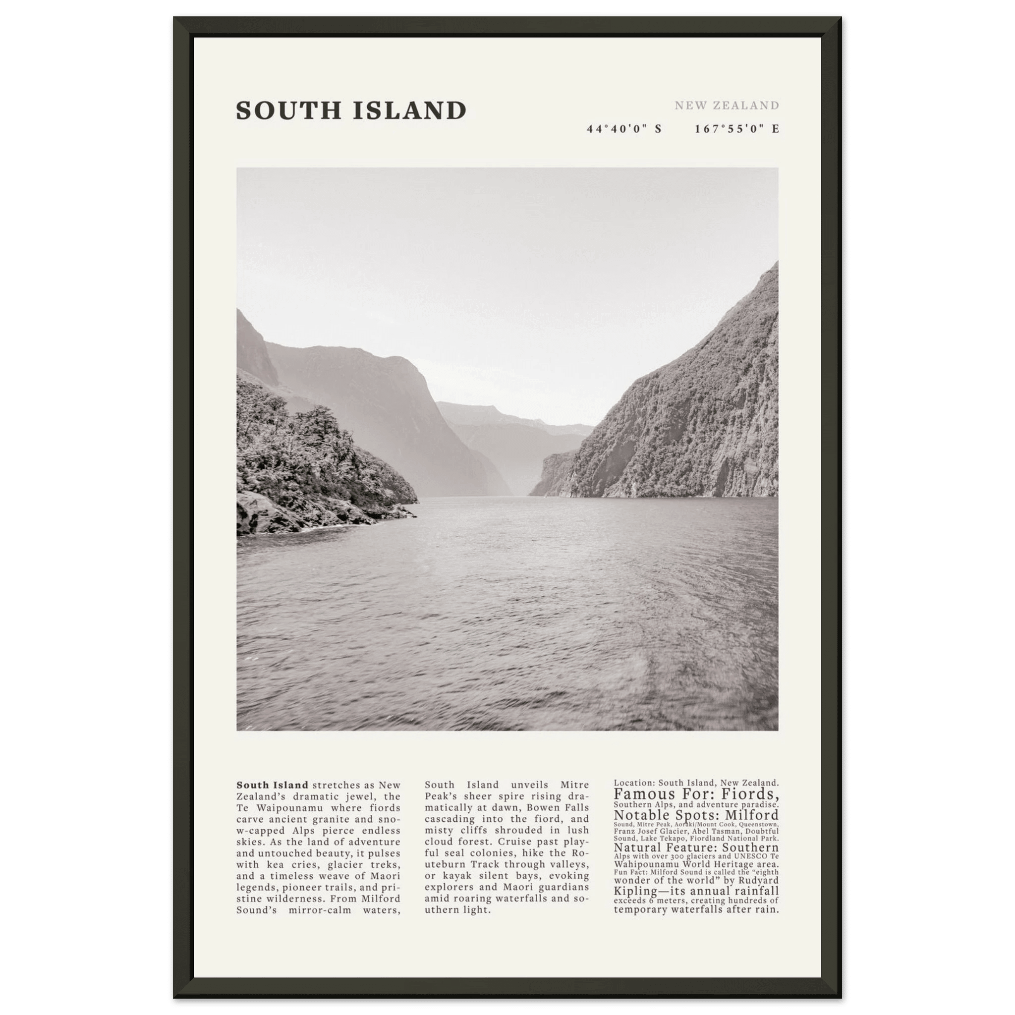 South Island New Zealand Poster Black and White – Vintage Milford Sound Fjord Print - Evergreen Posters