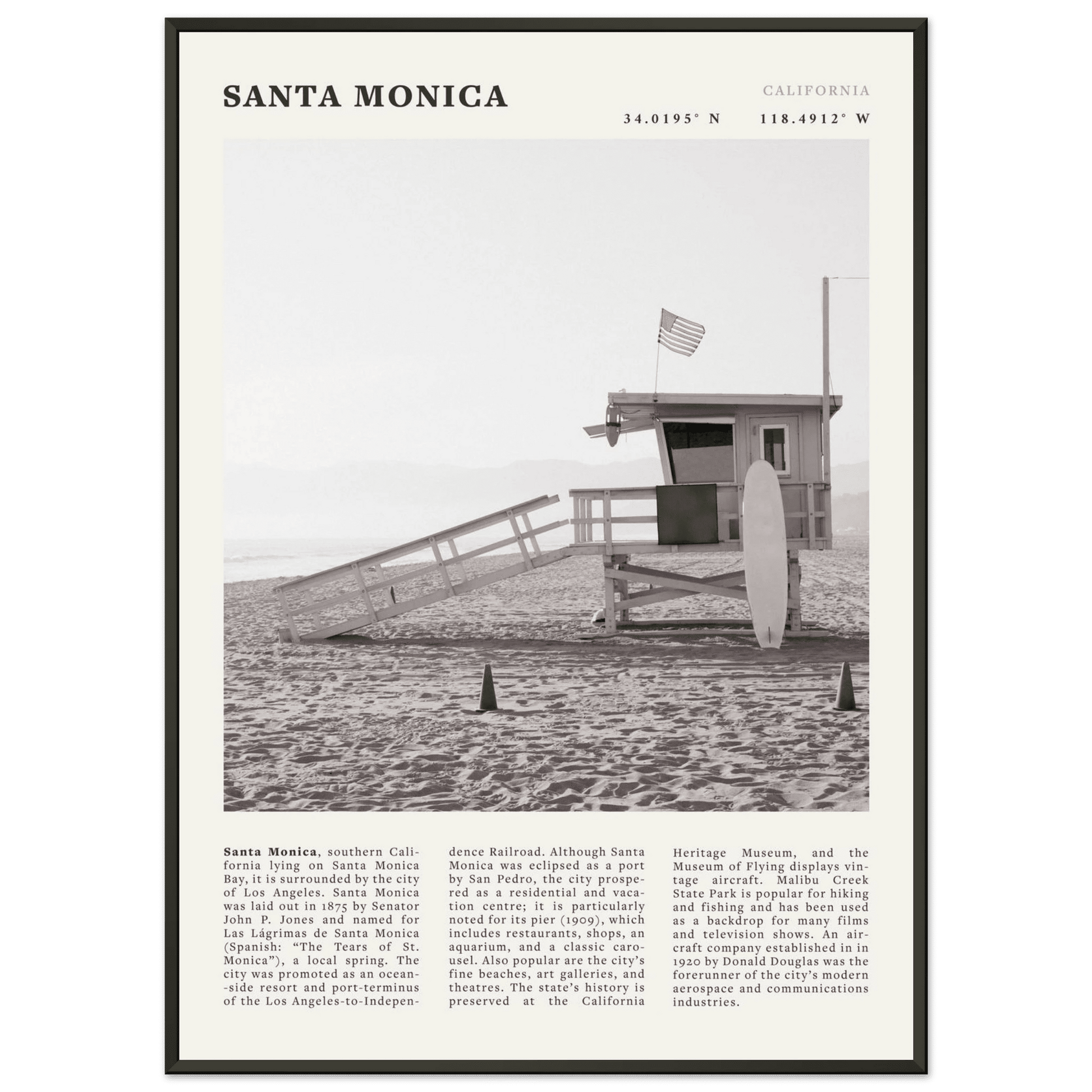 Santa Monica Poster | Black & White California Wall Art | Beach Travel Print | Coastal Decor - Evergreen Posters