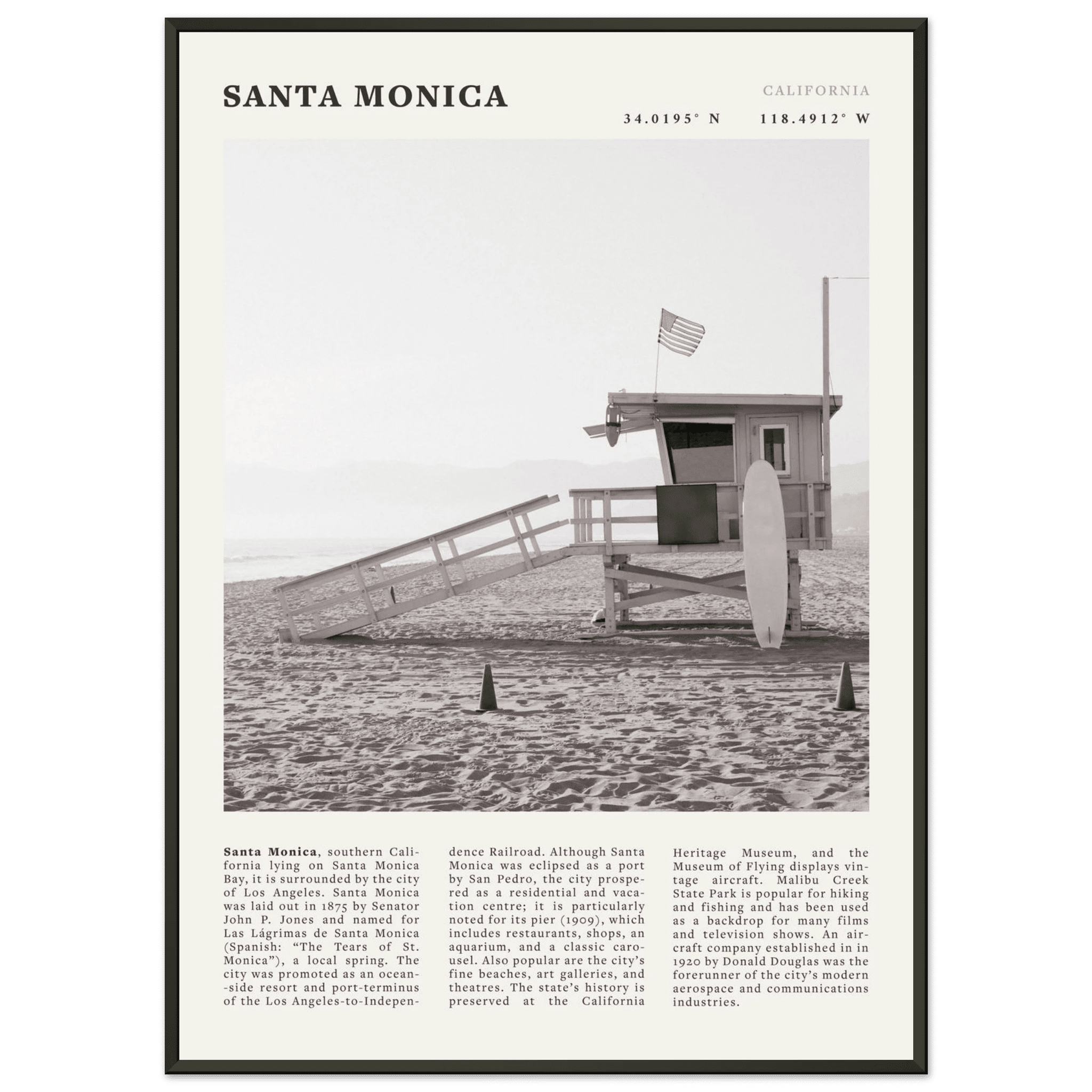 Santa Monica Poster | Black & White California Wall Art | Beach Travel Print | Coastal Decor - Evergreen Posters