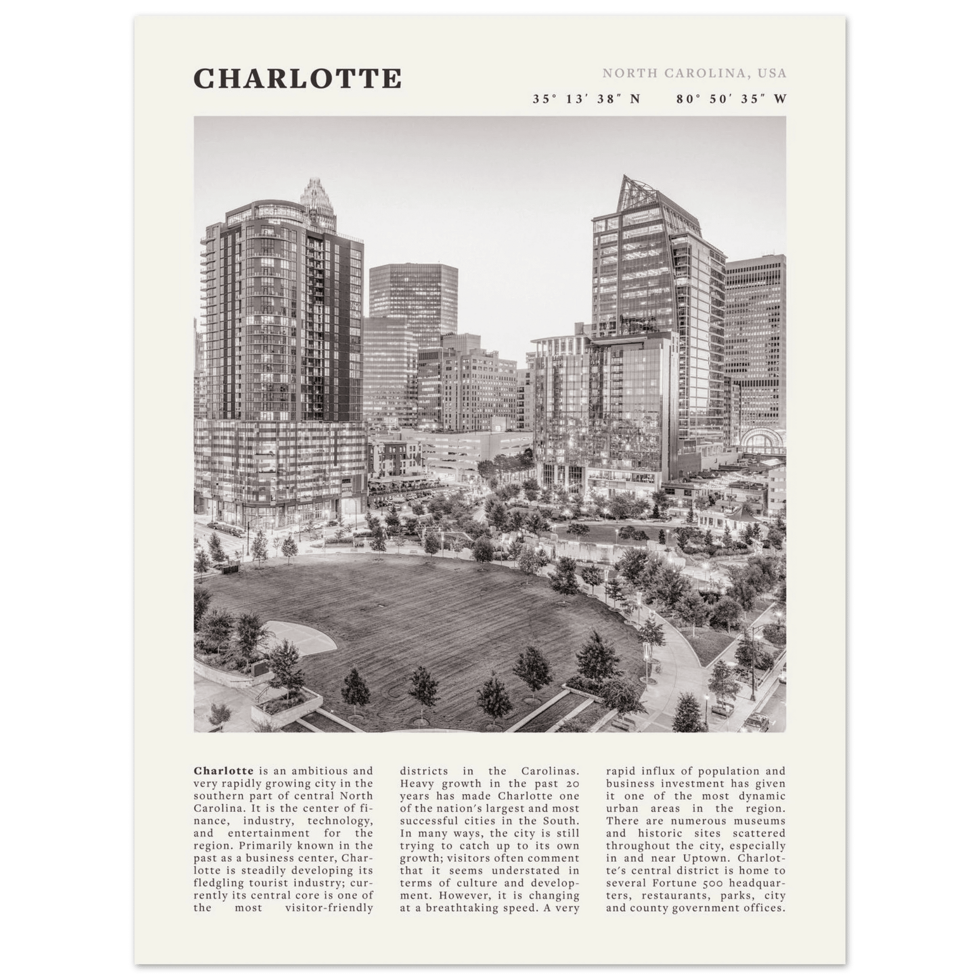 Charlotte Poster | Black & White North Carolina Skyline Wall Art | NC Travel Print - Evergreen Posters