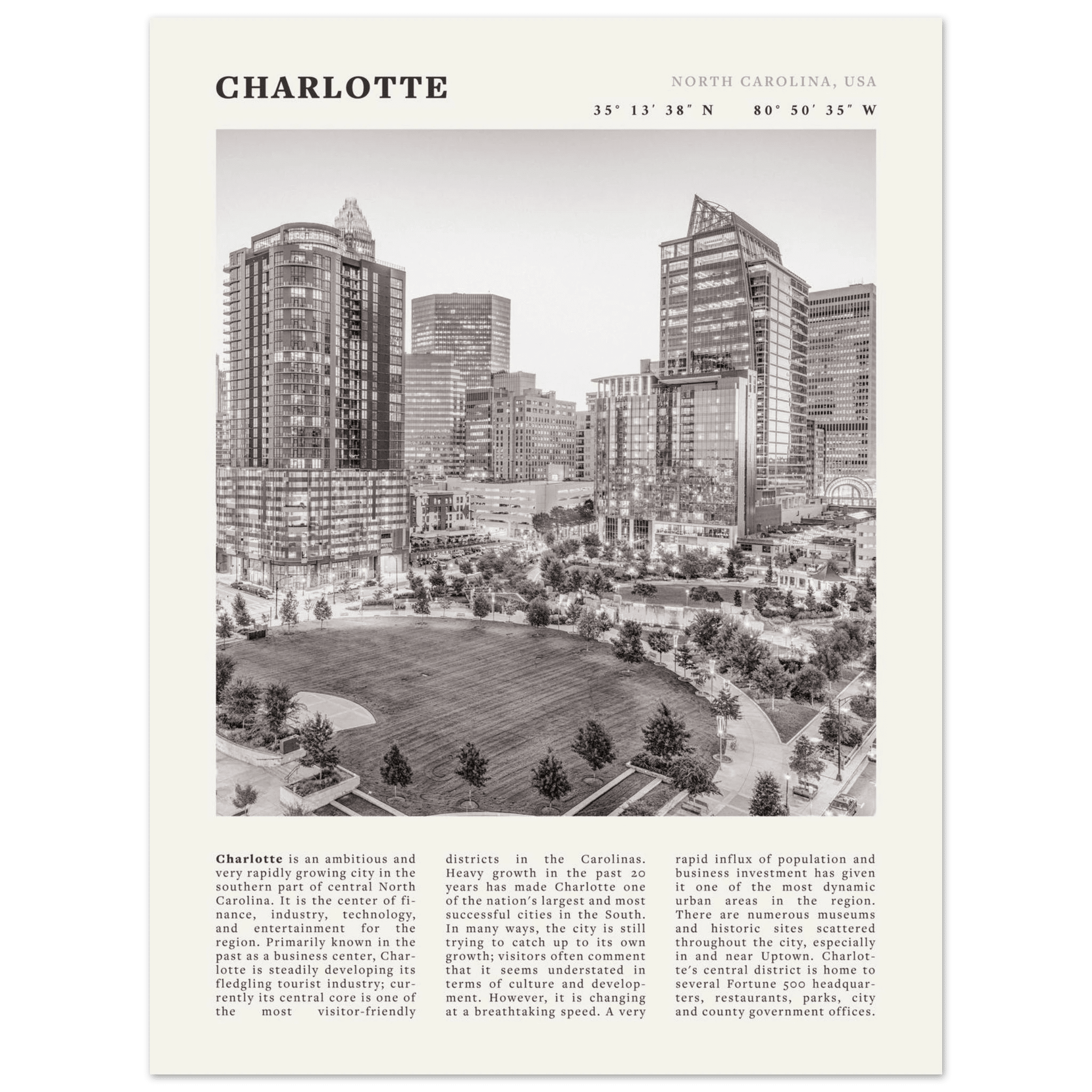 Charlotte Poster | Black & White North Carolina Skyline Wall Art | NC Travel Print - Evergreen Posters