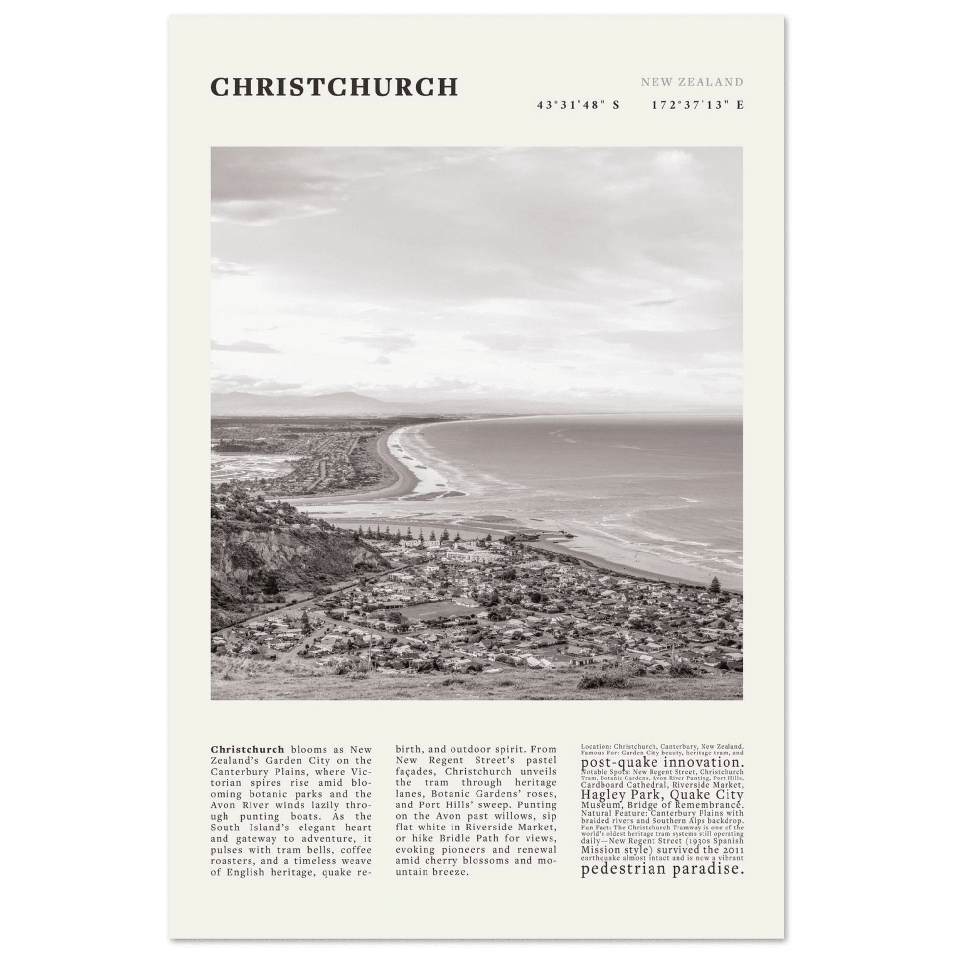 Christchurch New Zealand Poster Black and White – Vintage Garden City Panorama Print - Evergreen Posters