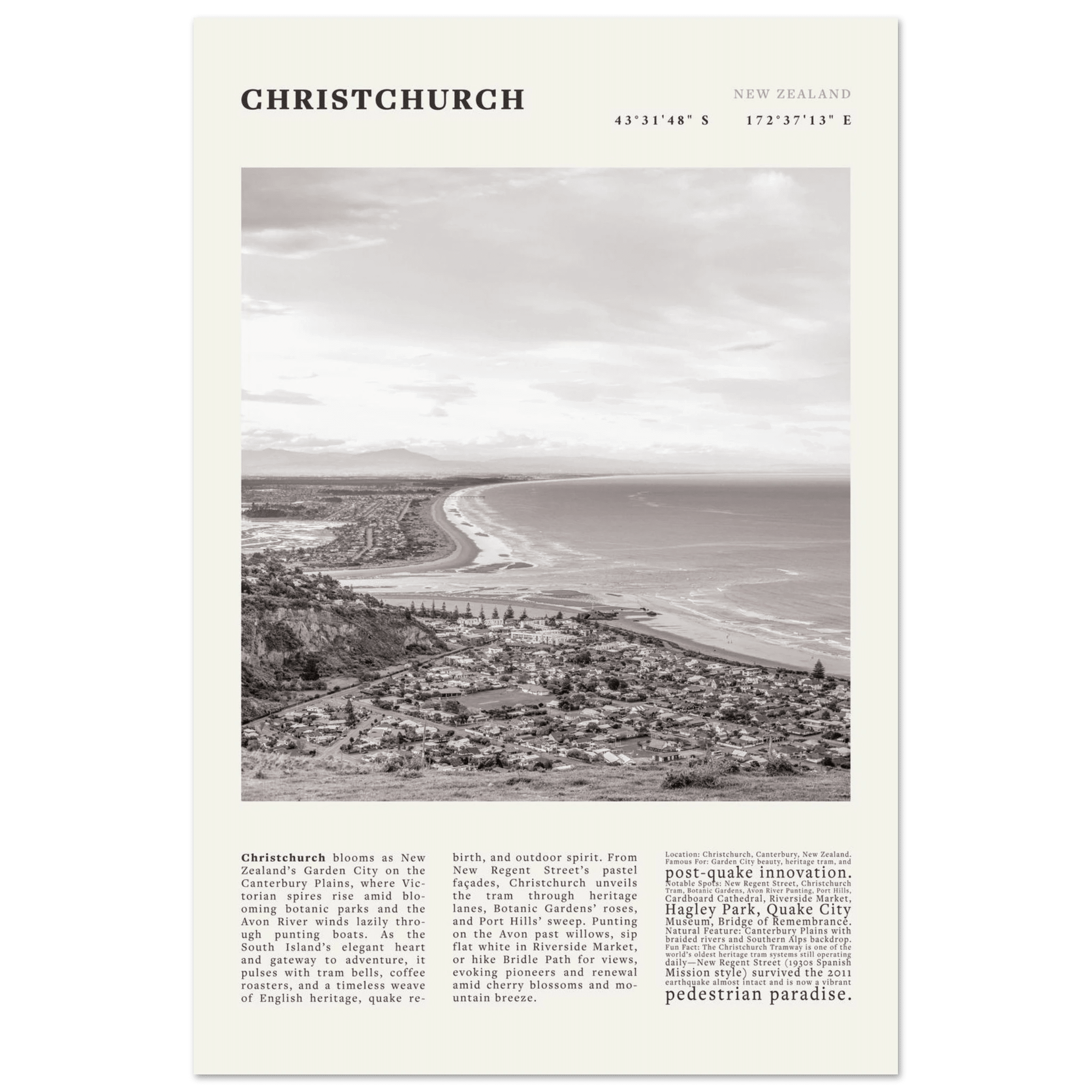 Christchurch New Zealand Poster Black and White – Vintage Garden City Panorama Print - Evergreen Posters