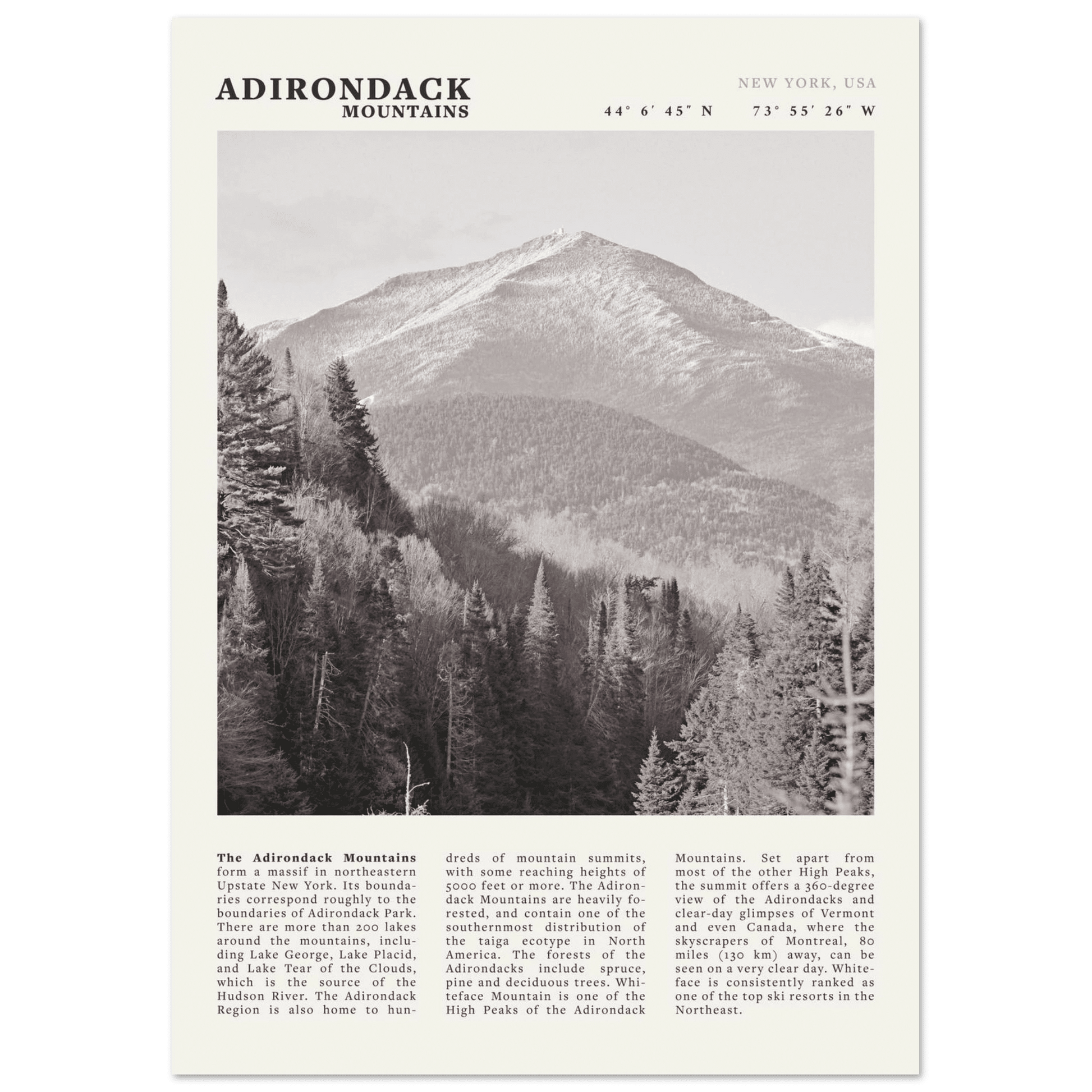 Adirondack Mountains Poster | Black & White New York Nature Wall Art | Hiking Print - Evergreen Posters