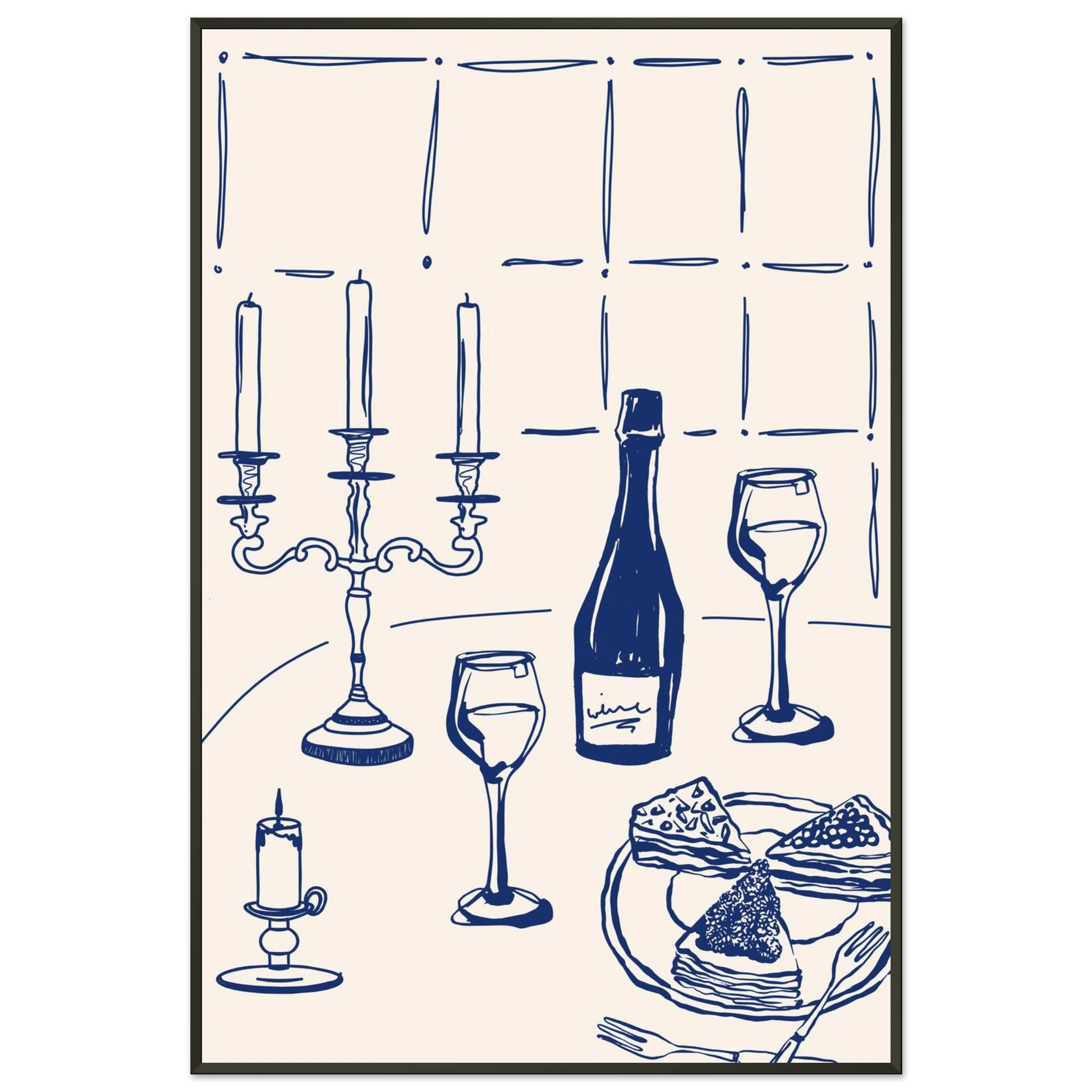 Candlelight Dinner Print | Navy Blue Wine & Candelabra Line Art | Kitchen Poster - Evergreen Posters