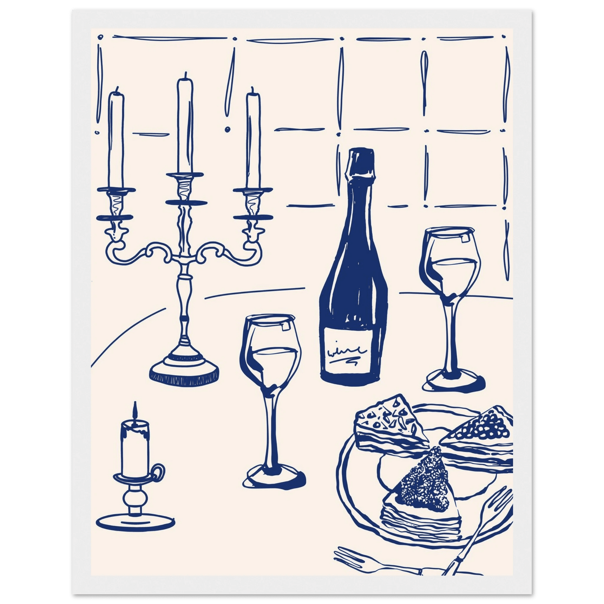 Candlelight Dinner Print | Navy Blue Wine & Candelabra Line Art | Kitchen Poster - Evergreen Posters