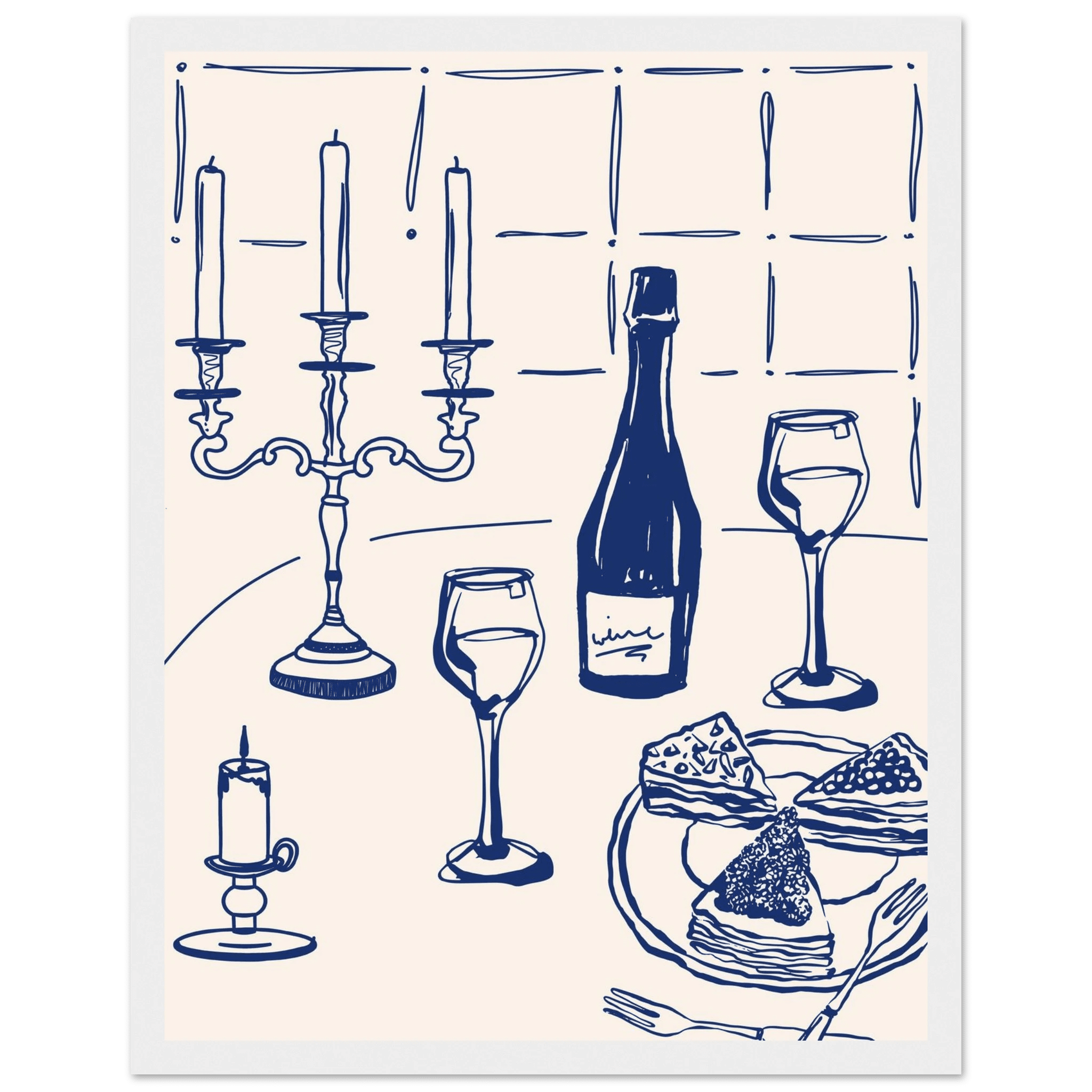 Candlelight Dinner Print | Navy Blue Wine & Candelabra Line Art | Kitchen Poster - Evergreen Posters