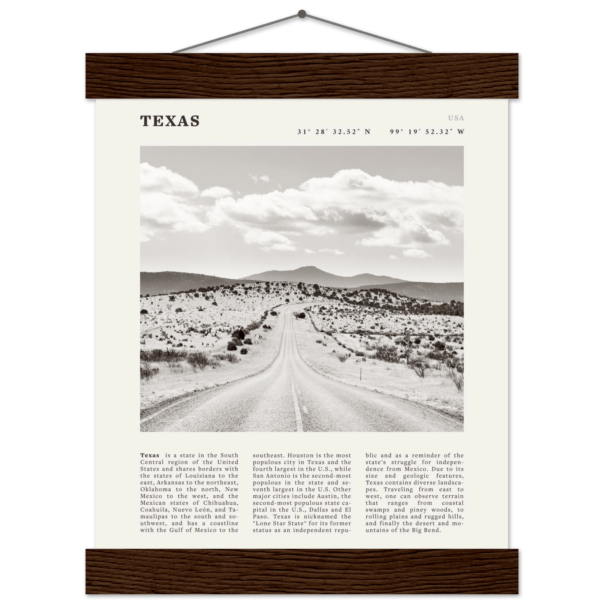 Texas Poster | Black & White Lone Star Road Wall Art | USA Travel Print Decor - Evergreen Posters