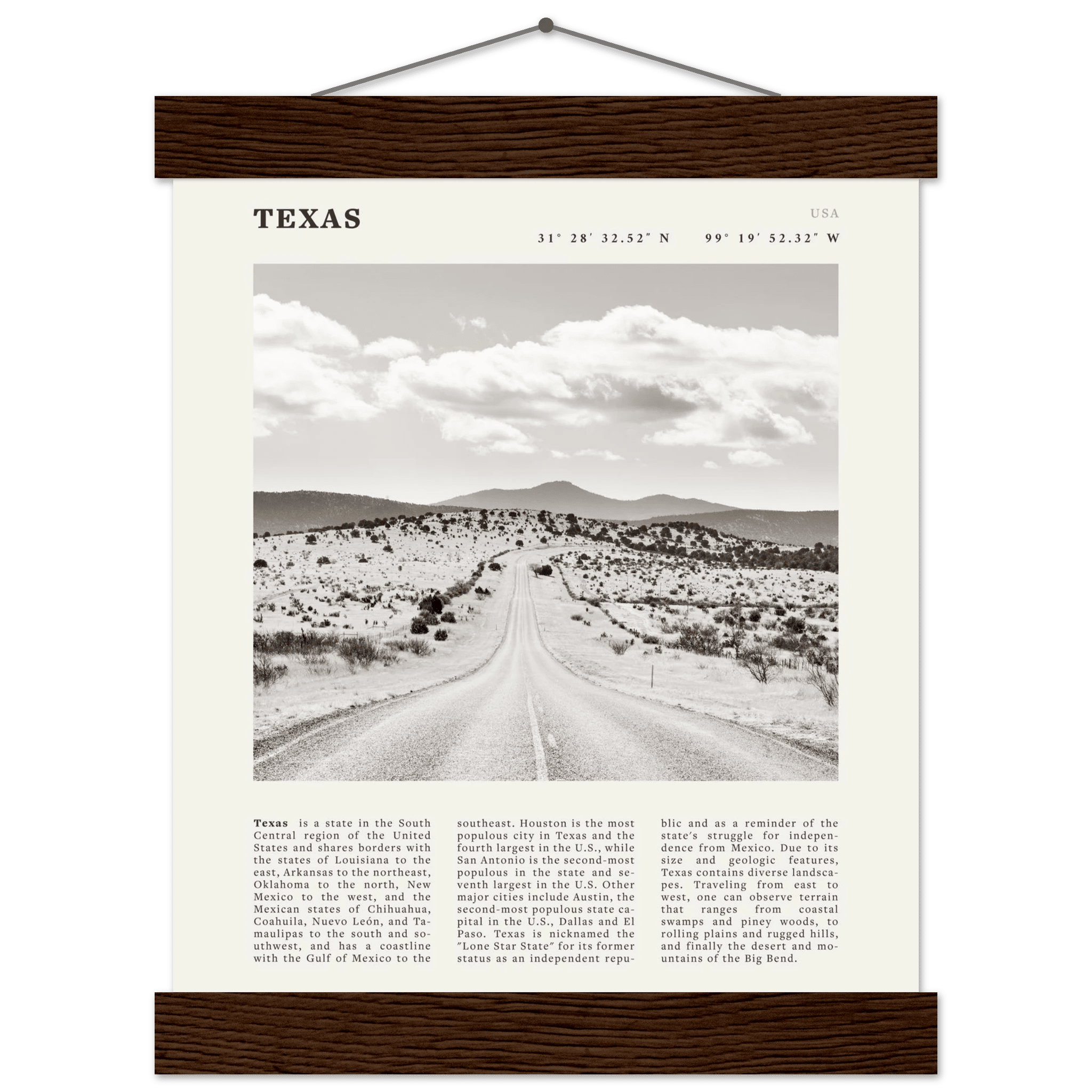 Texas Poster | Black & White Lone Star Road Wall Art | USA Travel Print Decor - Evergreen Posters