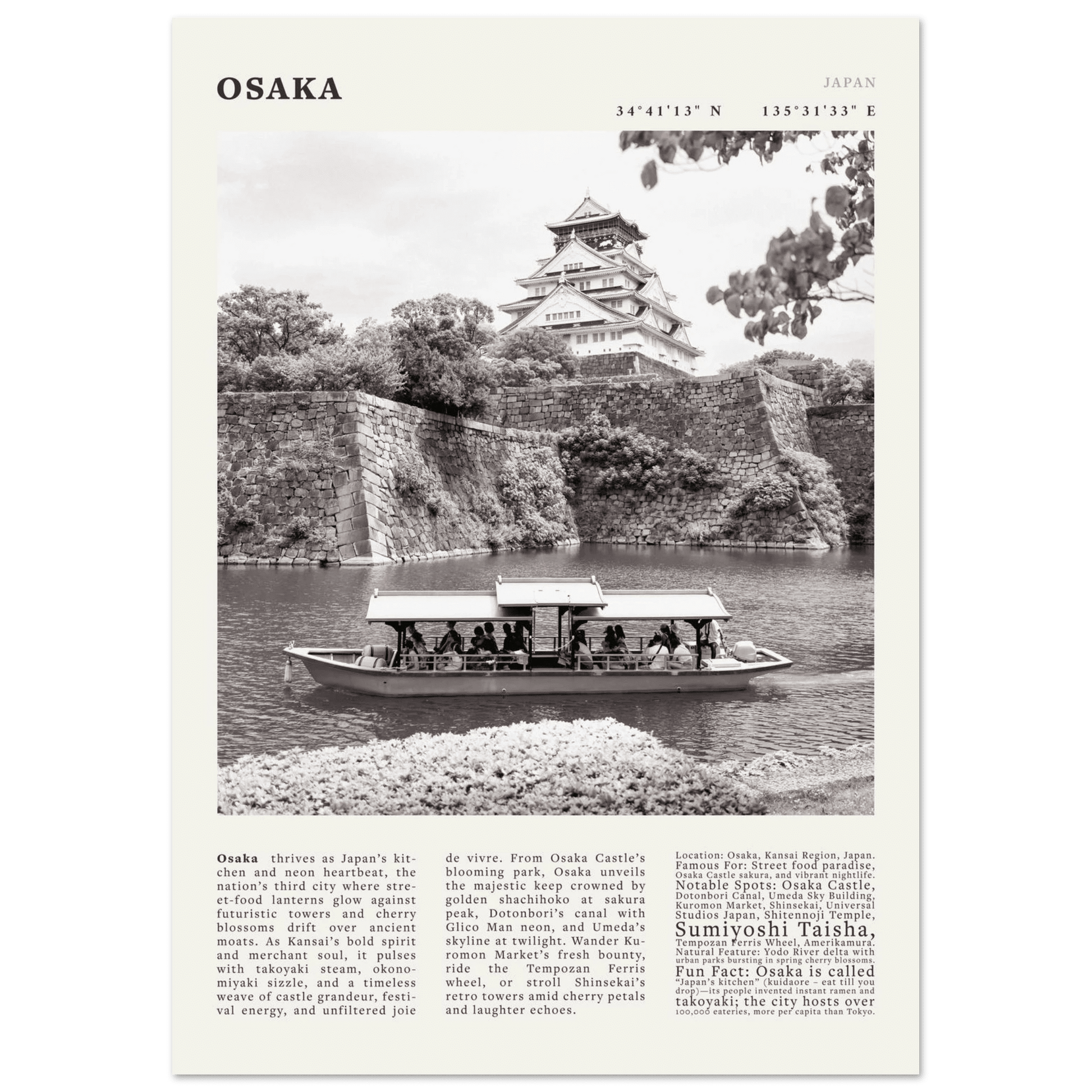 Osaka Poster Black and White – Vintage Osaka Castle Cherry Blossom Print (Digital & Printed Options) - Evergreen Posters