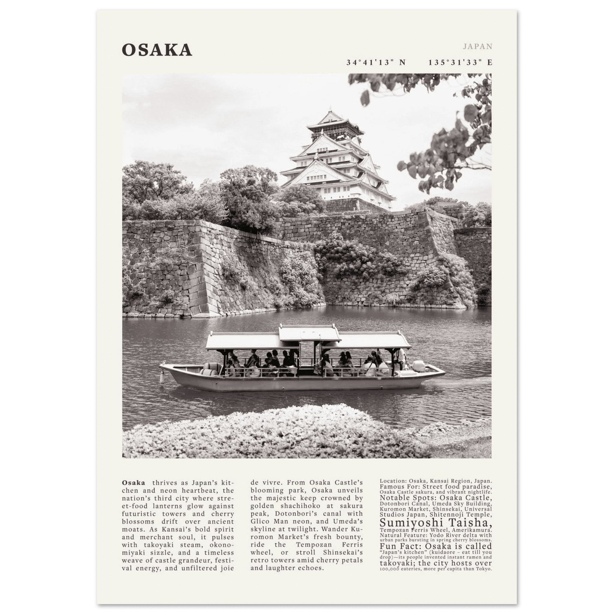 Osaka Poster Black and White – Vintage Osaka Castle Cherry Blossom Print (Digital & Printed Options) - Evergreen Posters