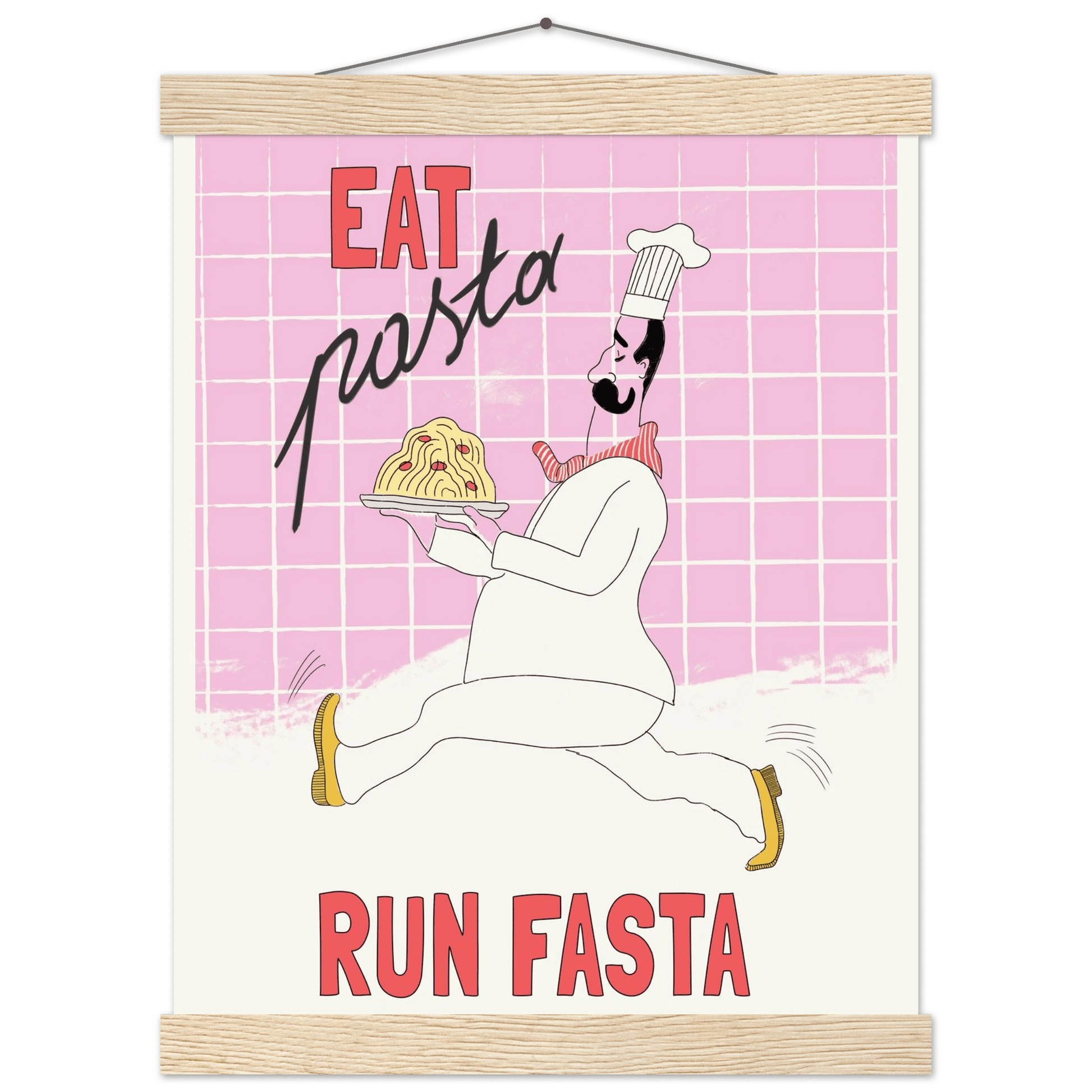 Eat Pasta Run Fasta Poster – Playful Kitchen Wall Art Print (Light Pink) - Evergreen Posters