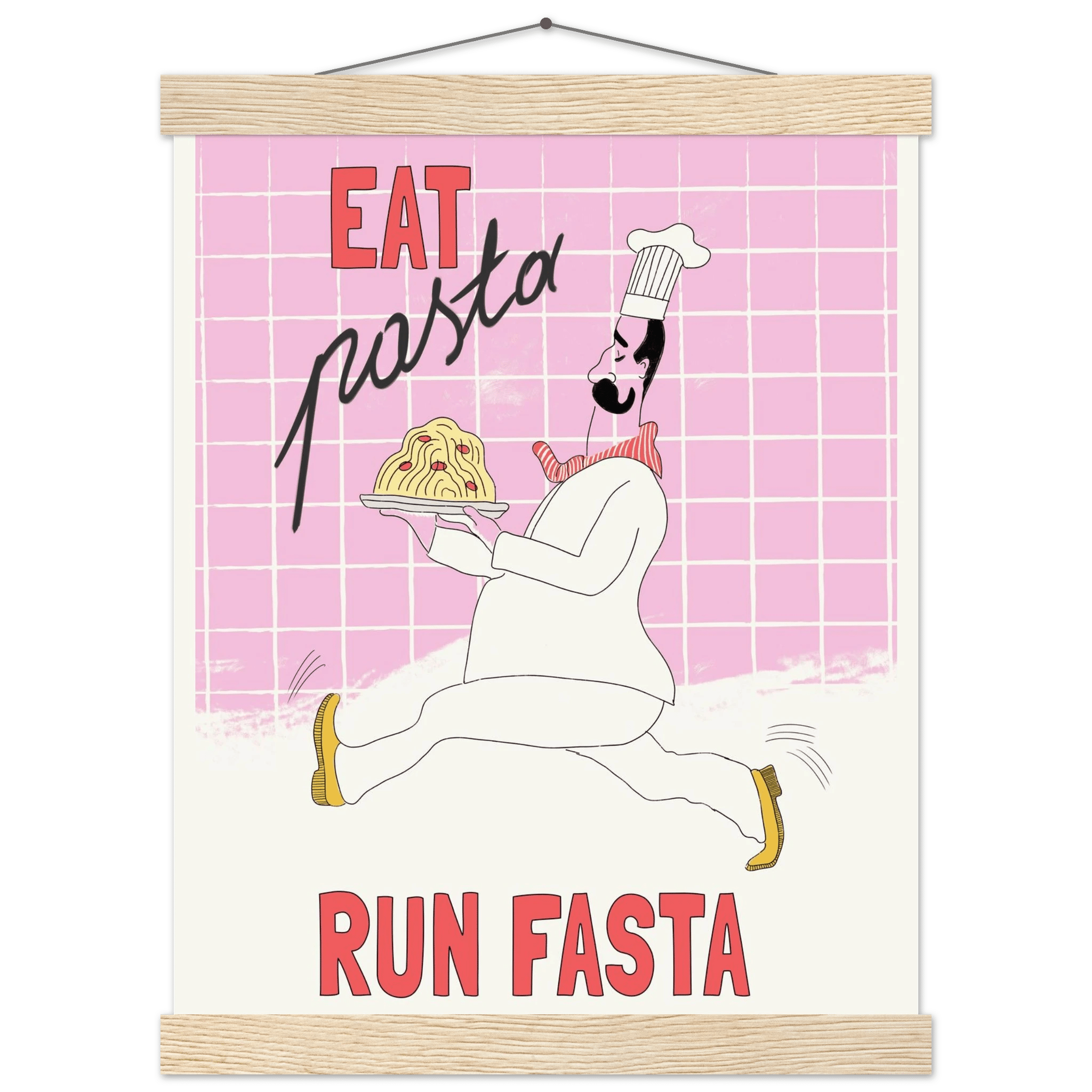 Eat Pasta Run Fasta Poster – Playful Kitchen Wall Art Print (Light Pink) - Evergreen Posters