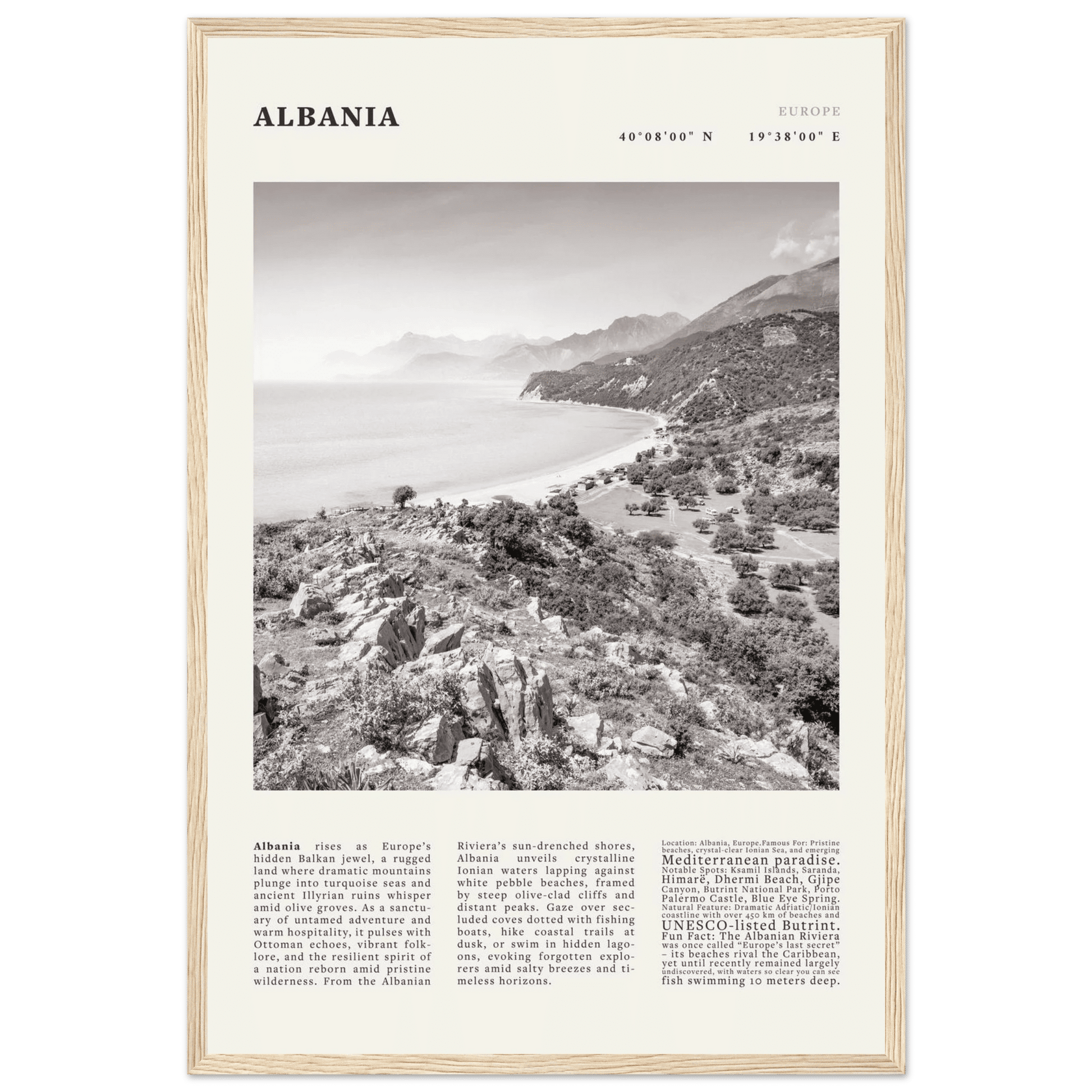 Albania Poster Black and White – Vintage Albanian Riviera Travel Print (Digital & Printed Options) - Evergreen Posters