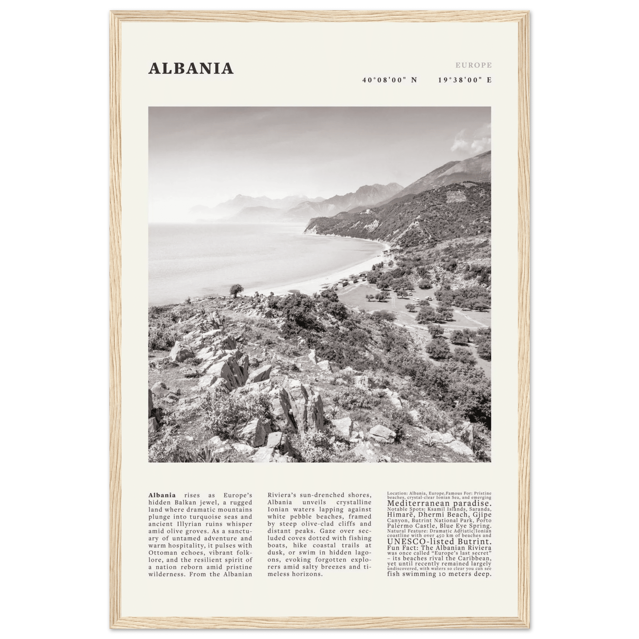 Albania Poster Black and White – Vintage Albanian Riviera Travel Print (Digital & Printed Options) - Evergreen Posters