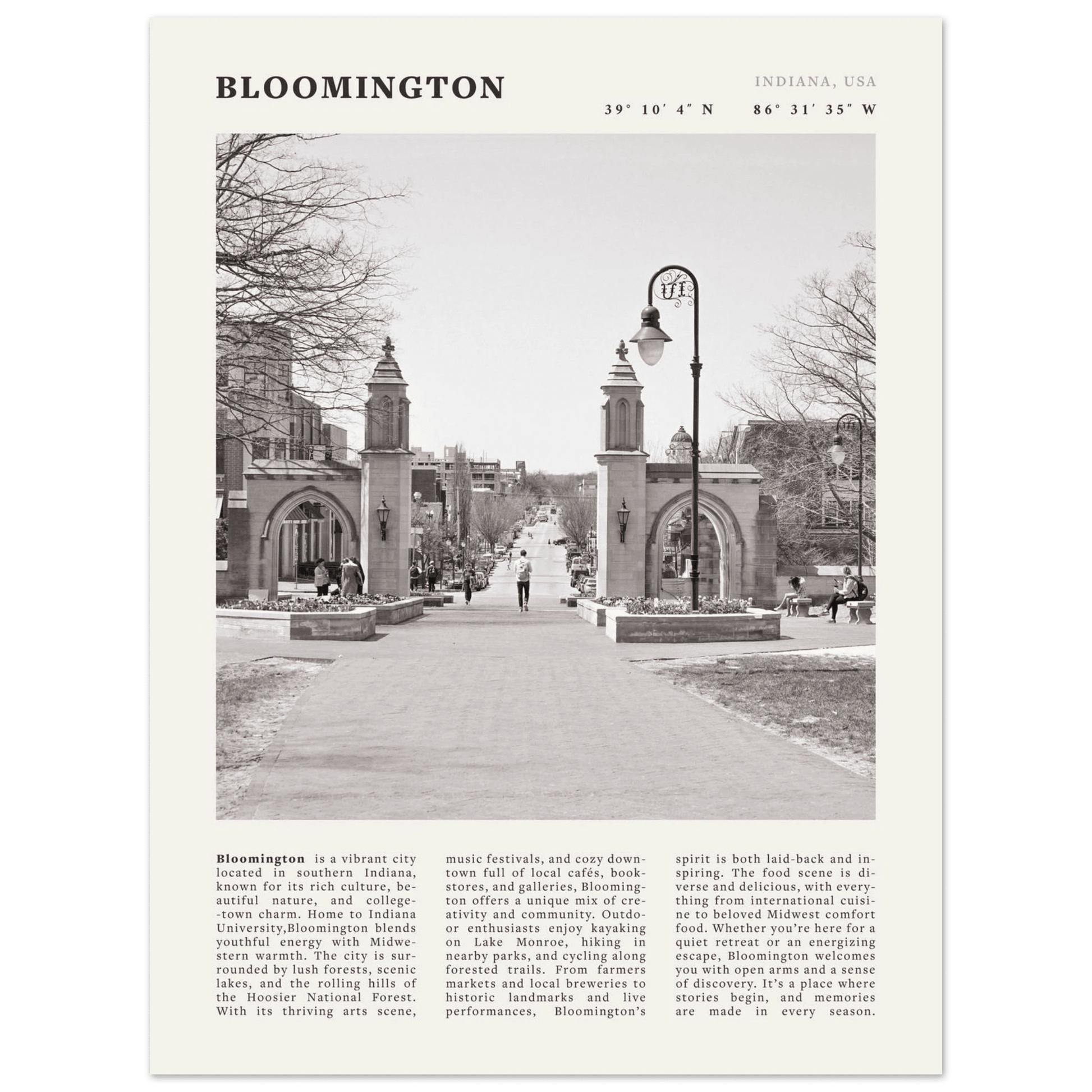 Bloomington Indiana Black and White Vintage Poster - Evergreen Posters
