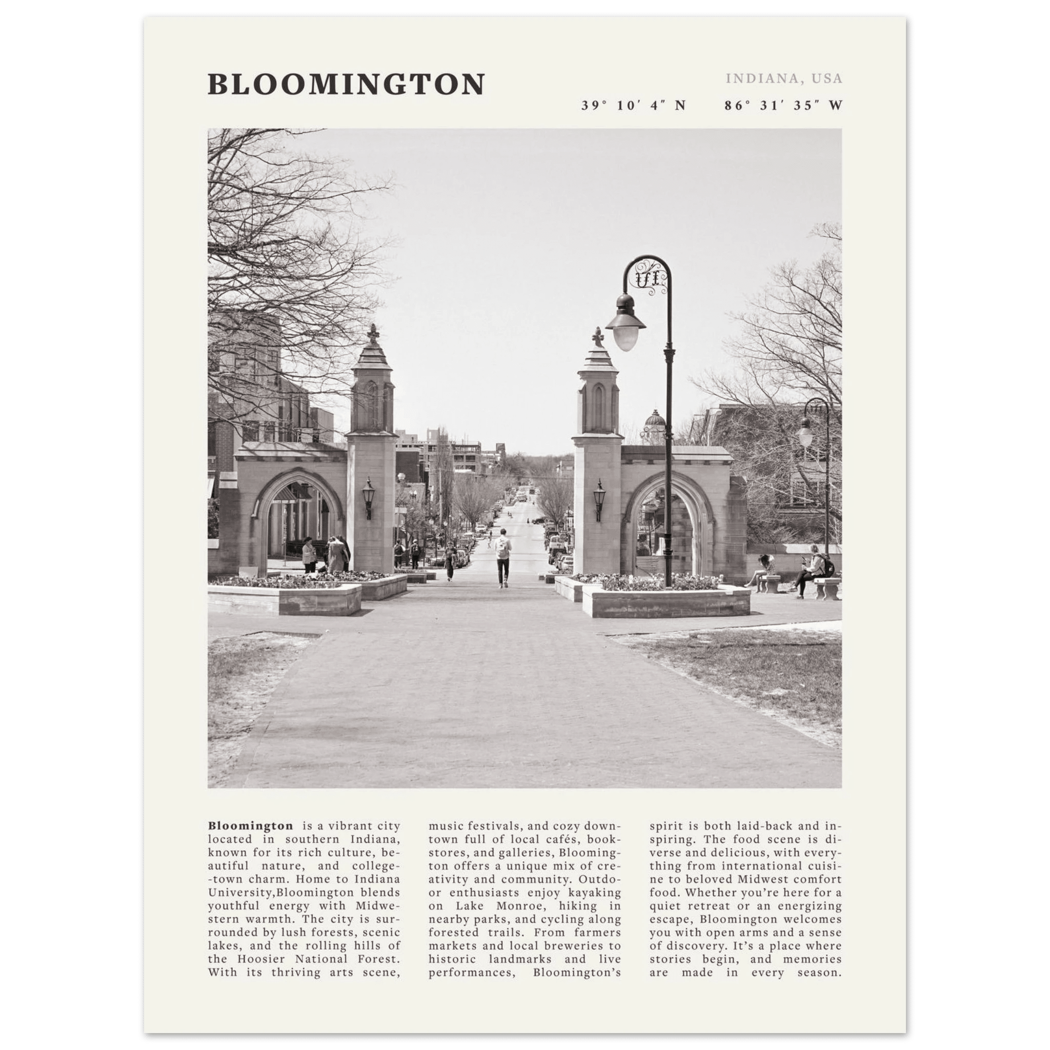 Bloomington Indiana Black and White Vintage Poster - Evergreen Posters