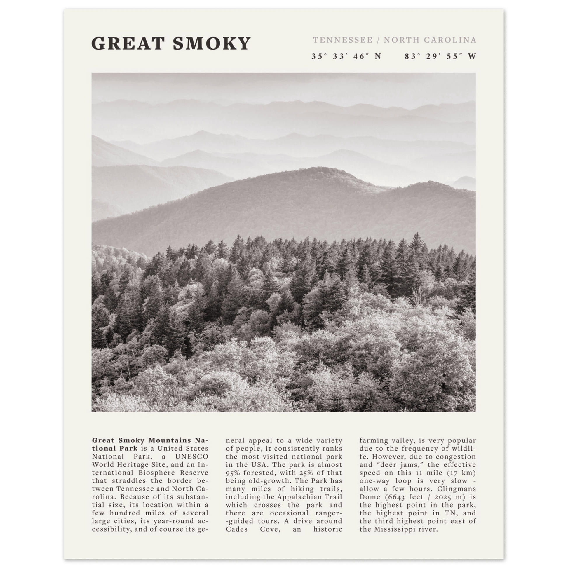 Great Smoky Mountains Poster | Black & White National Park Wall Art | Tennessee Print - Evergreen Posters