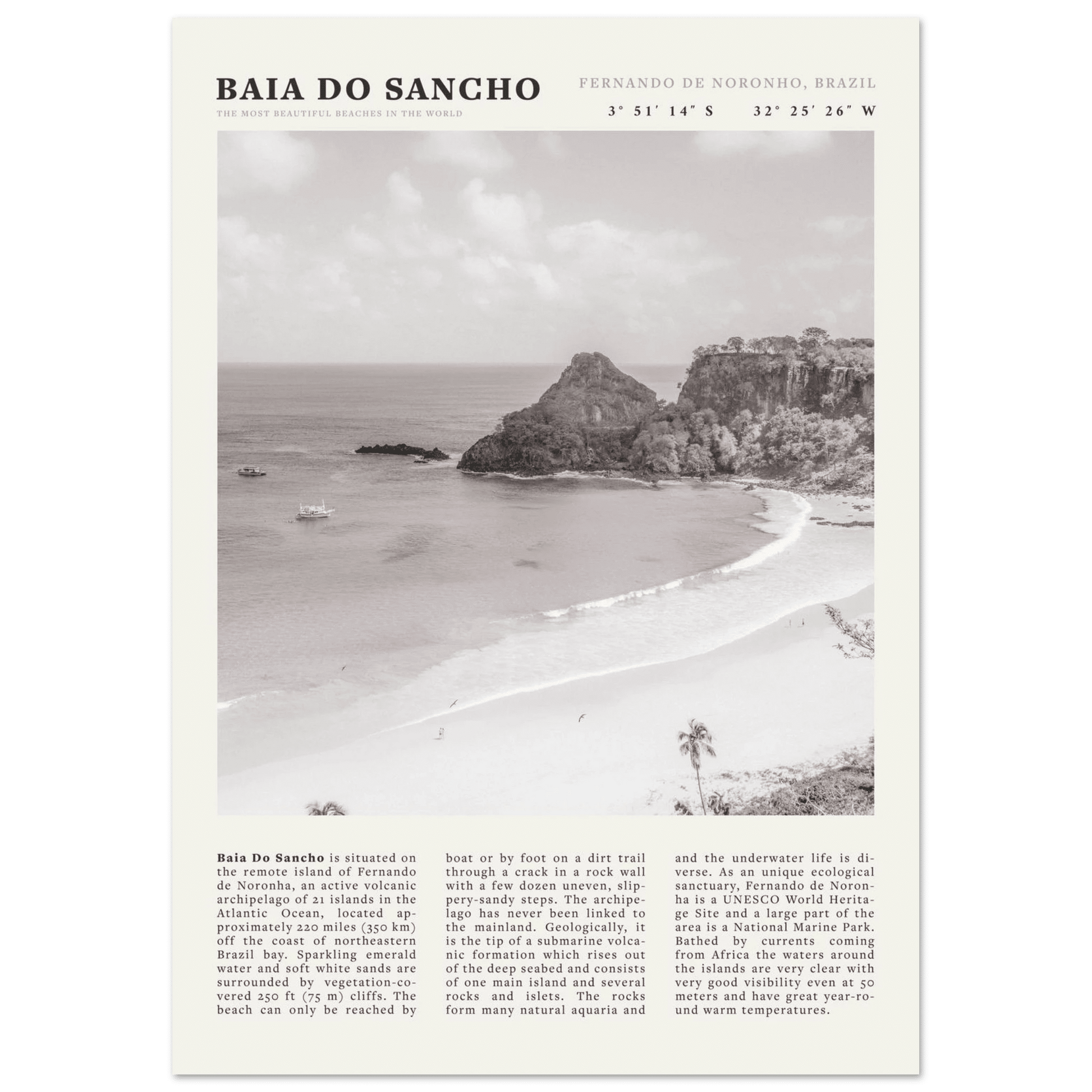 Baia Do Sancho Poster | Black & White Brazil Beach Wall Art | Fernando de Noronha - Evergreen Posters