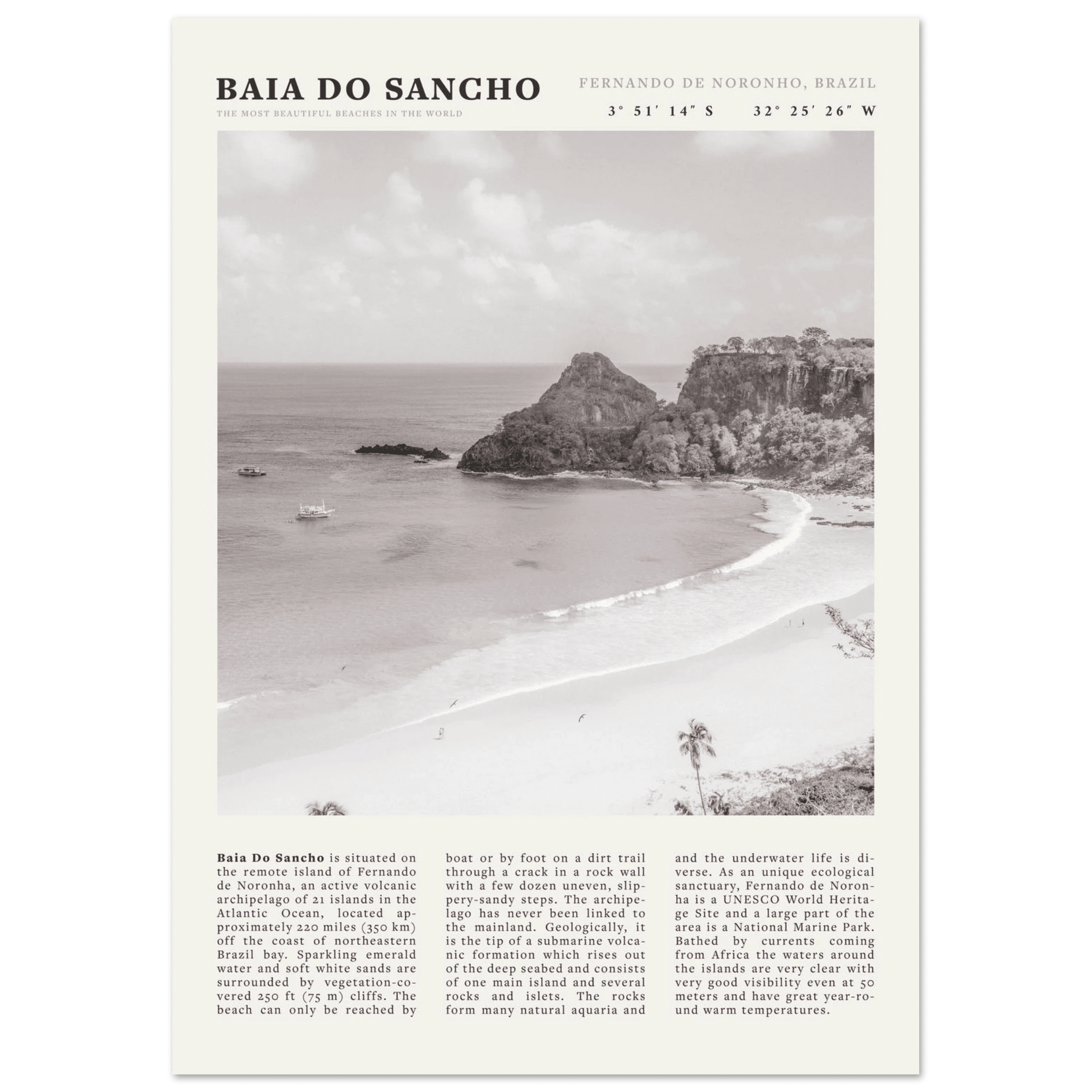 Baia Do Sancho Poster | Black & White Brazil Beach Wall Art | Fernando de Noronha - Evergreen Posters