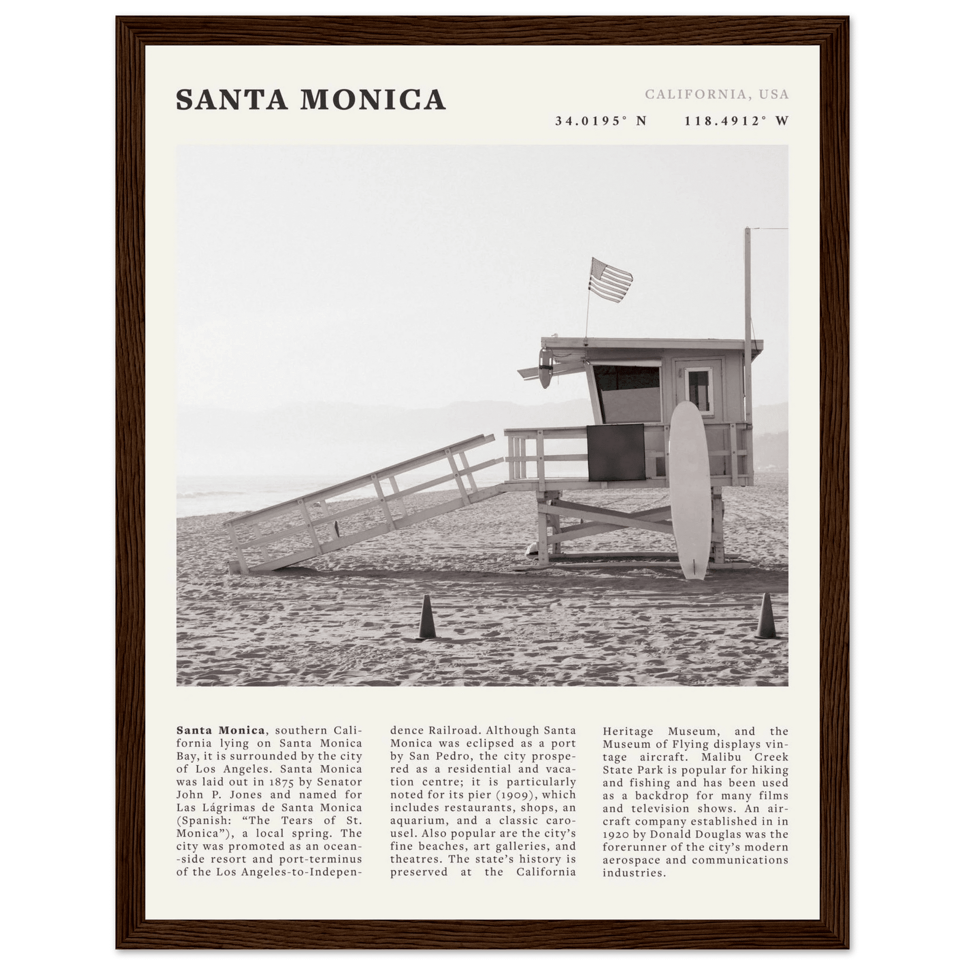 Santa Monica Poster | Black & White California Wall Art | Beach Travel Print | Coastal Decor - Evergreen Posters
