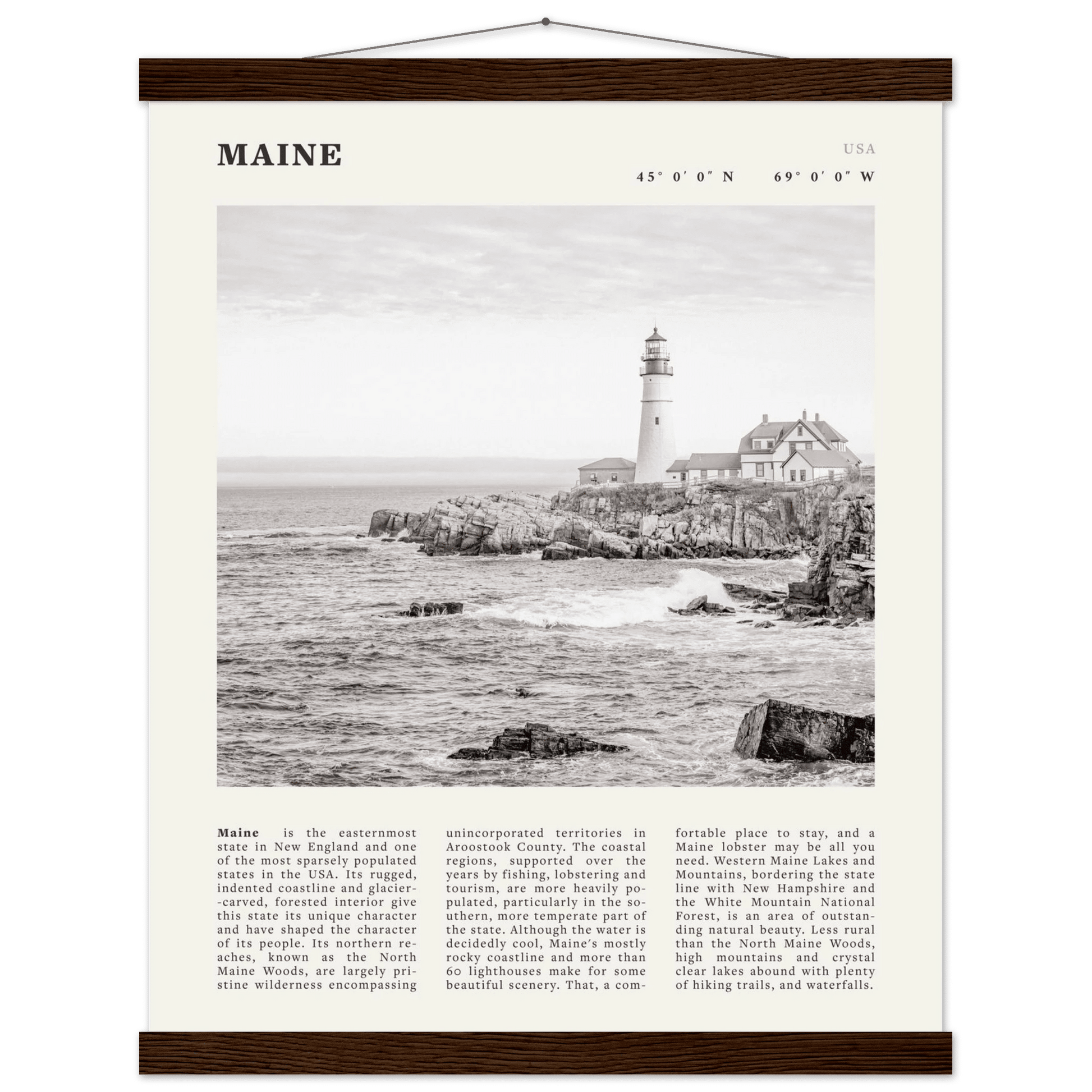 Maine Poster | Black & White Lighthouse Wall Art | New England Coastal Travel Print - Evergreen Posters
