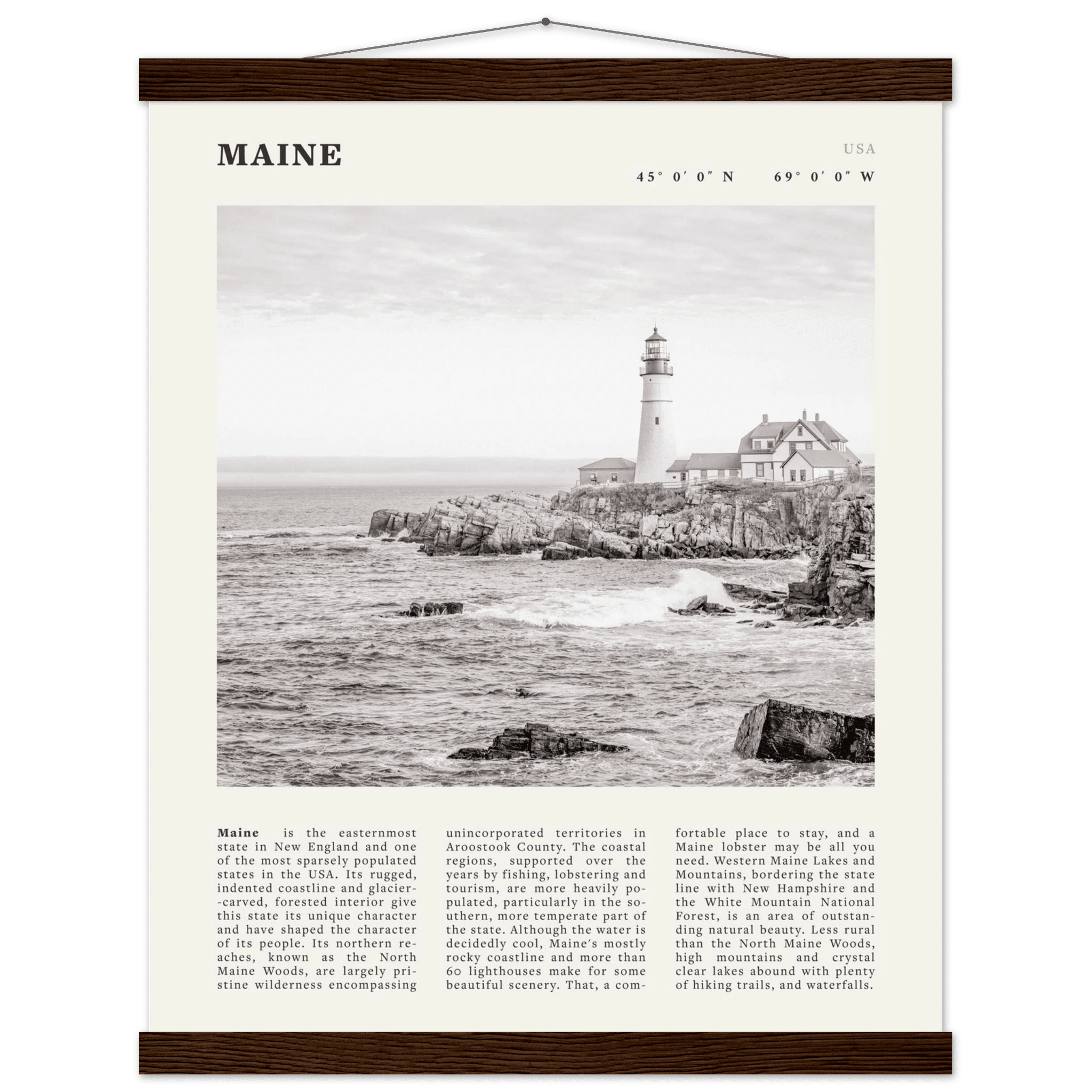 Maine Poster | Black & White Lighthouse Wall Art | New England Coastal Travel Print - Evergreen Posters