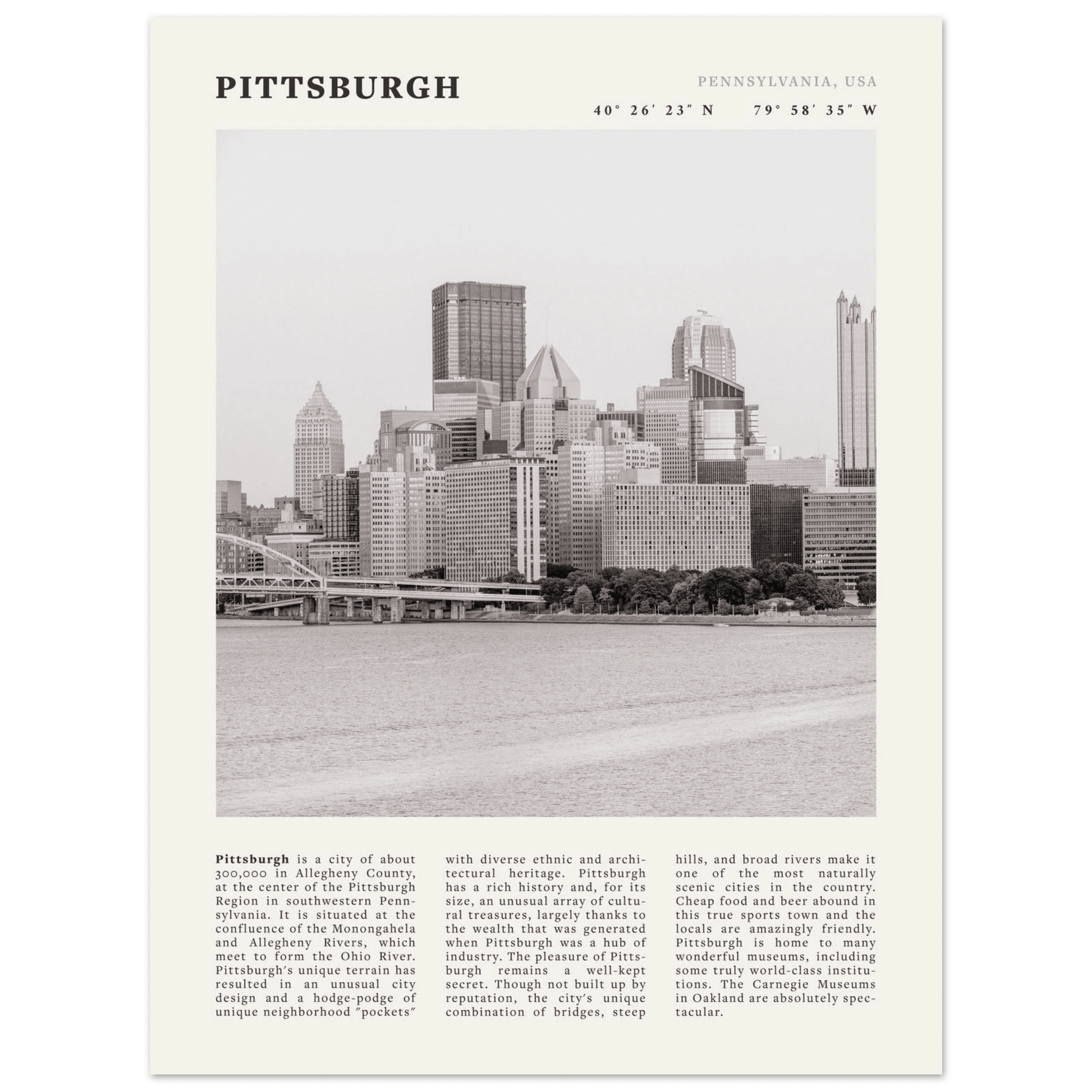 Pittsburgh Poster | Black & White Pennsylvania Skyline Wall Art | PA Travel Print - Evergreen Posters