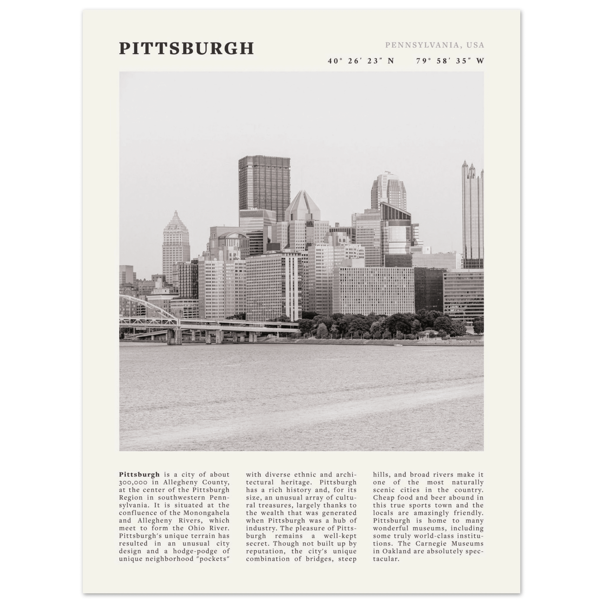 Pittsburgh Poster | Black & White Pennsylvania Skyline Wall Art | PA Travel Print - Evergreen Posters