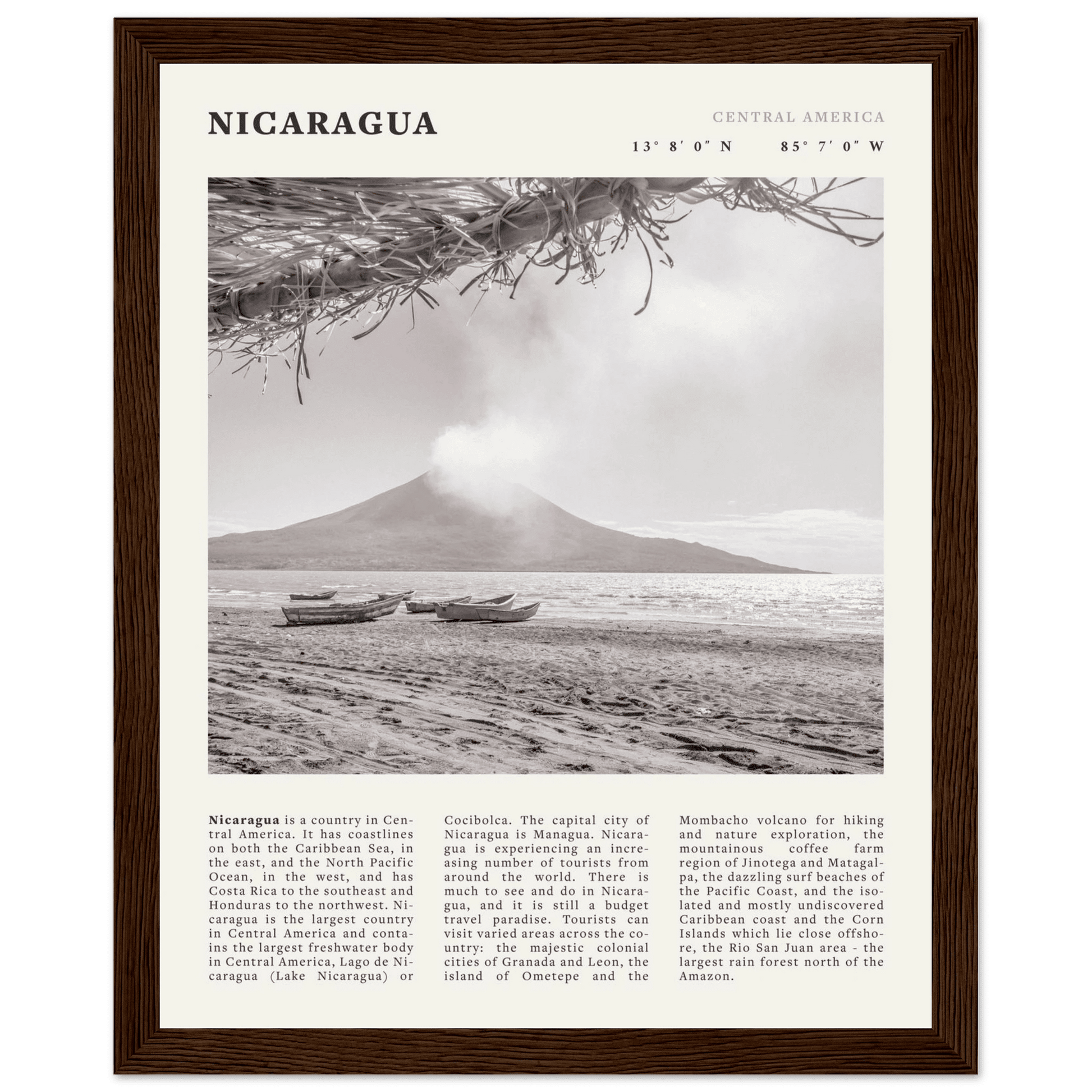 Nicaragua Poster | Black & White Volcano Wall Art | Central America Travel Print - Evergreen Posters