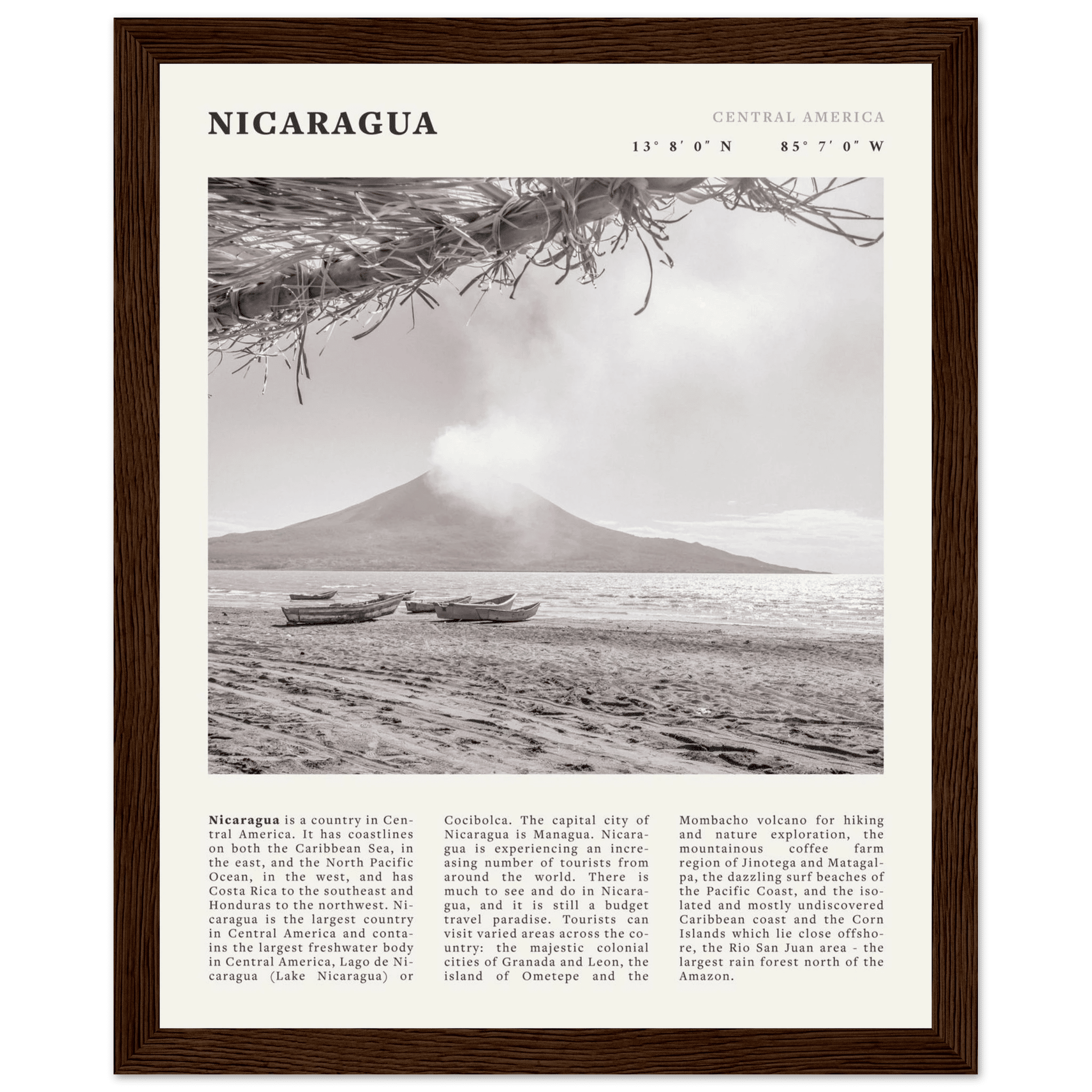 Nicaragua Poster | Black & White Volcano Wall Art | Central America Travel Print - Evergreen Posters