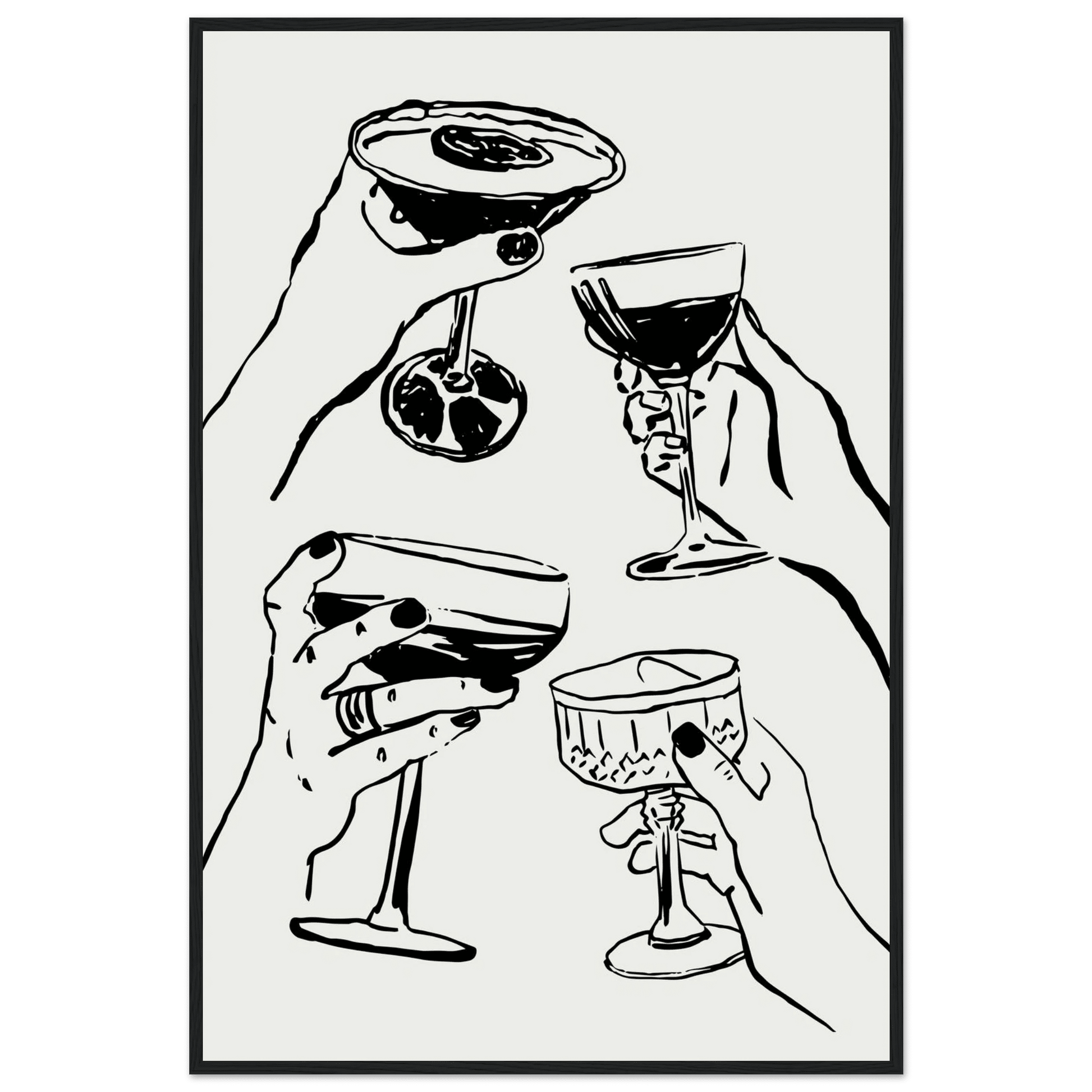 Cheers Print | Black Line Art Cocktail Glasses Wall Art | Kitchen Bar Poster - Evergreen Posters