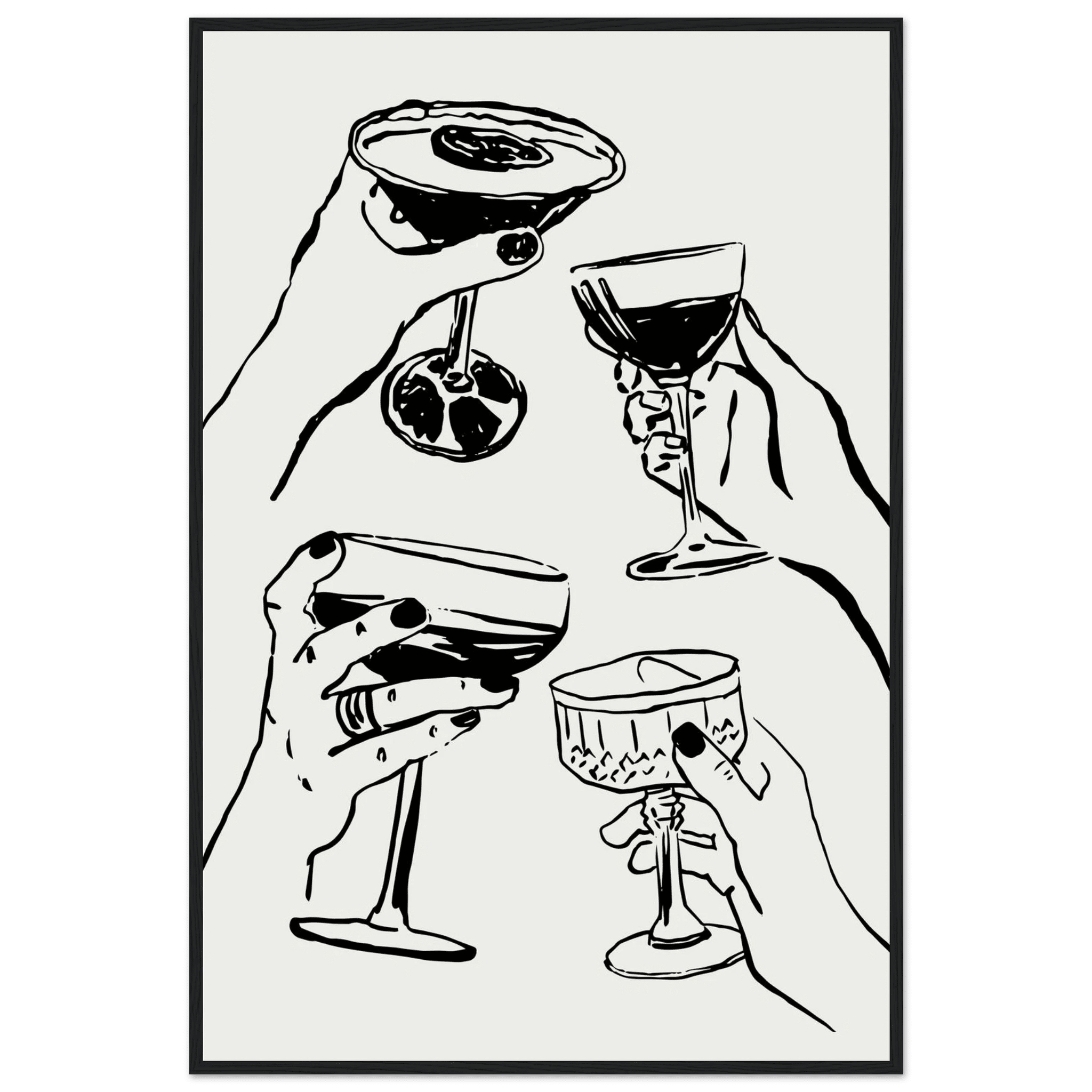 Cheers Print | Black Line Art Cocktail Glasses Wall Art | Kitchen Bar Poster - Evergreen Posters