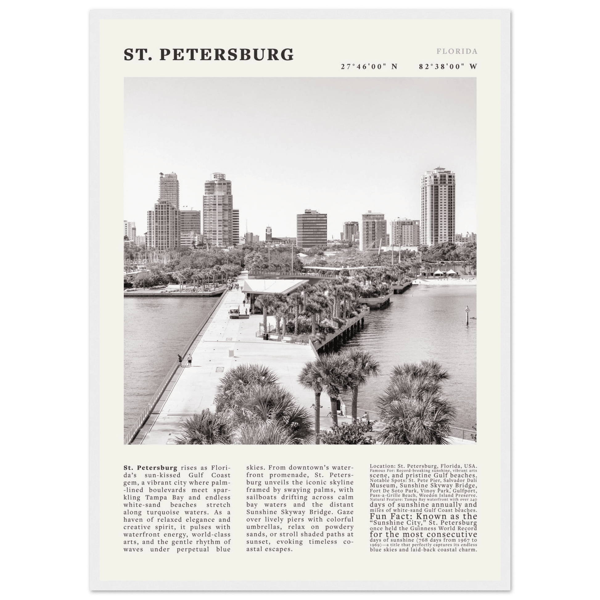 St. Petersburg Florida Poster Black and White – Vintage St Pete Skyline Print (Digital & Printed Options) - Evergreen Posters