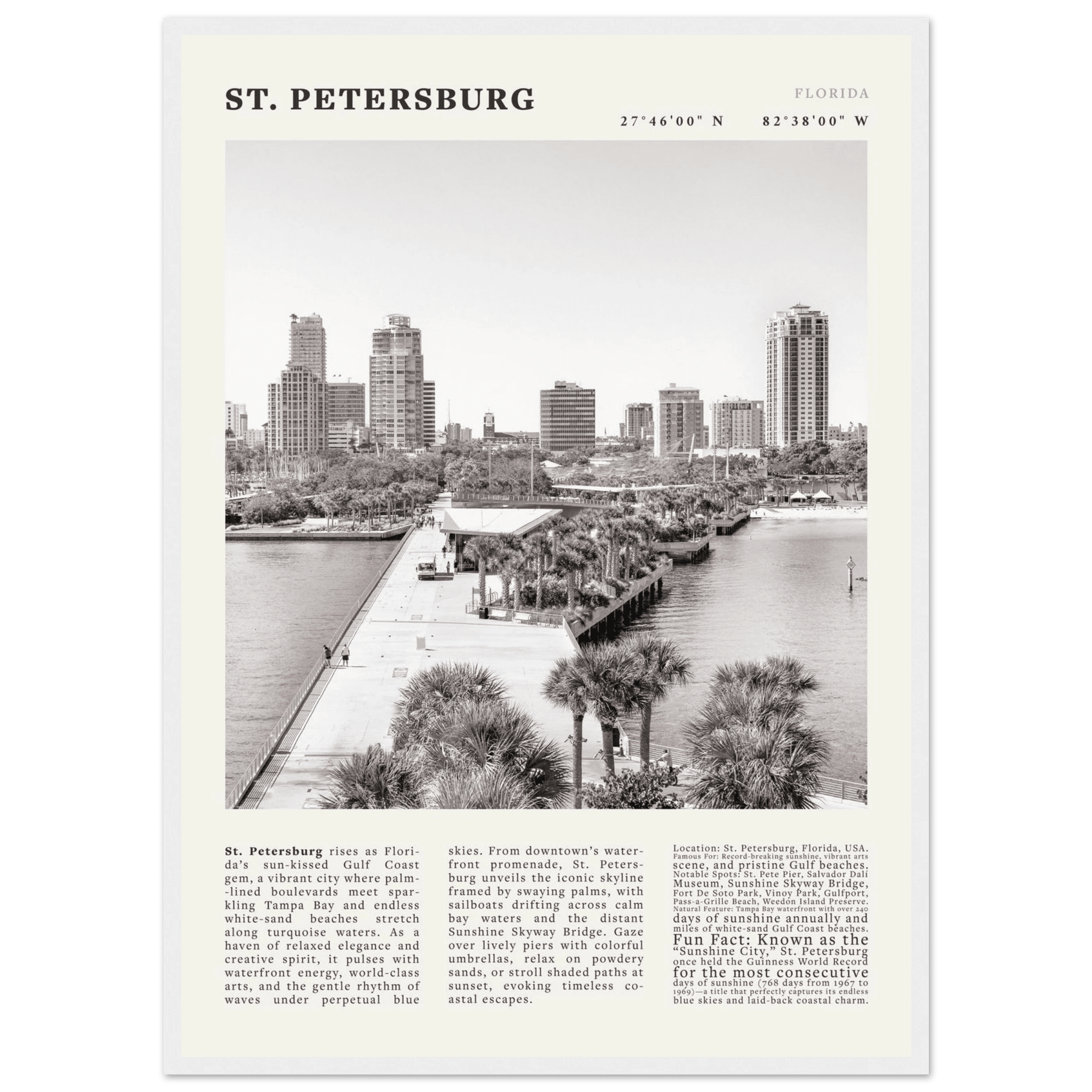 St. Petersburg Florida Poster Black and White – Vintage St Pete Skyline Print (Digital & Printed Options) - Evergreen Posters