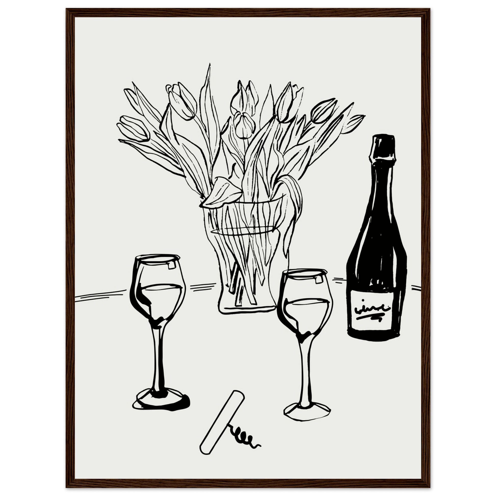 Wine & Tulips Print | Black Line Art Wine Bottle Wall Art | Minimalist Kitchen Poster - Evergreen Posters